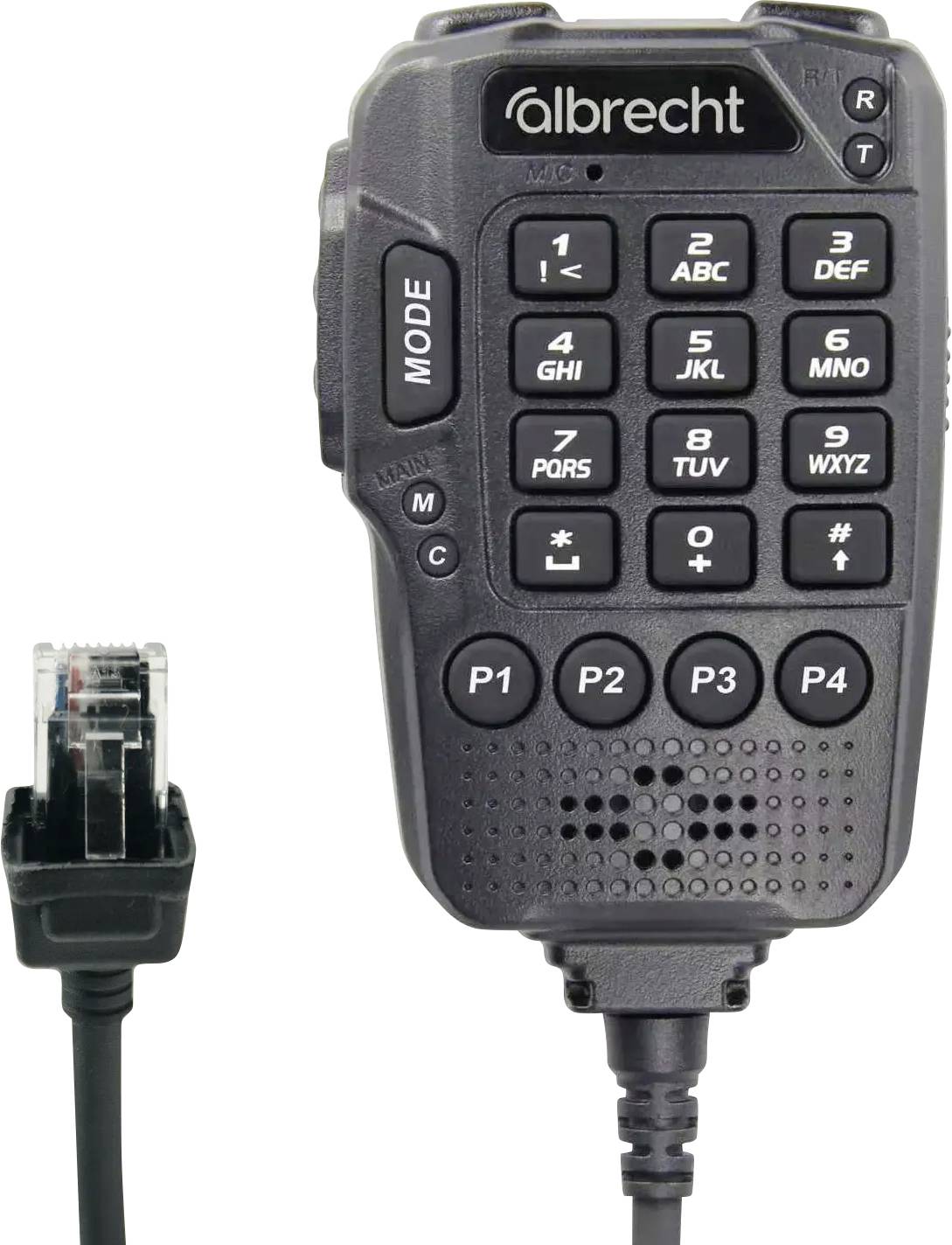 'A black handheld device with a numeric keypad and labeled buttons, connected by a cable with a plastic connector plug.'