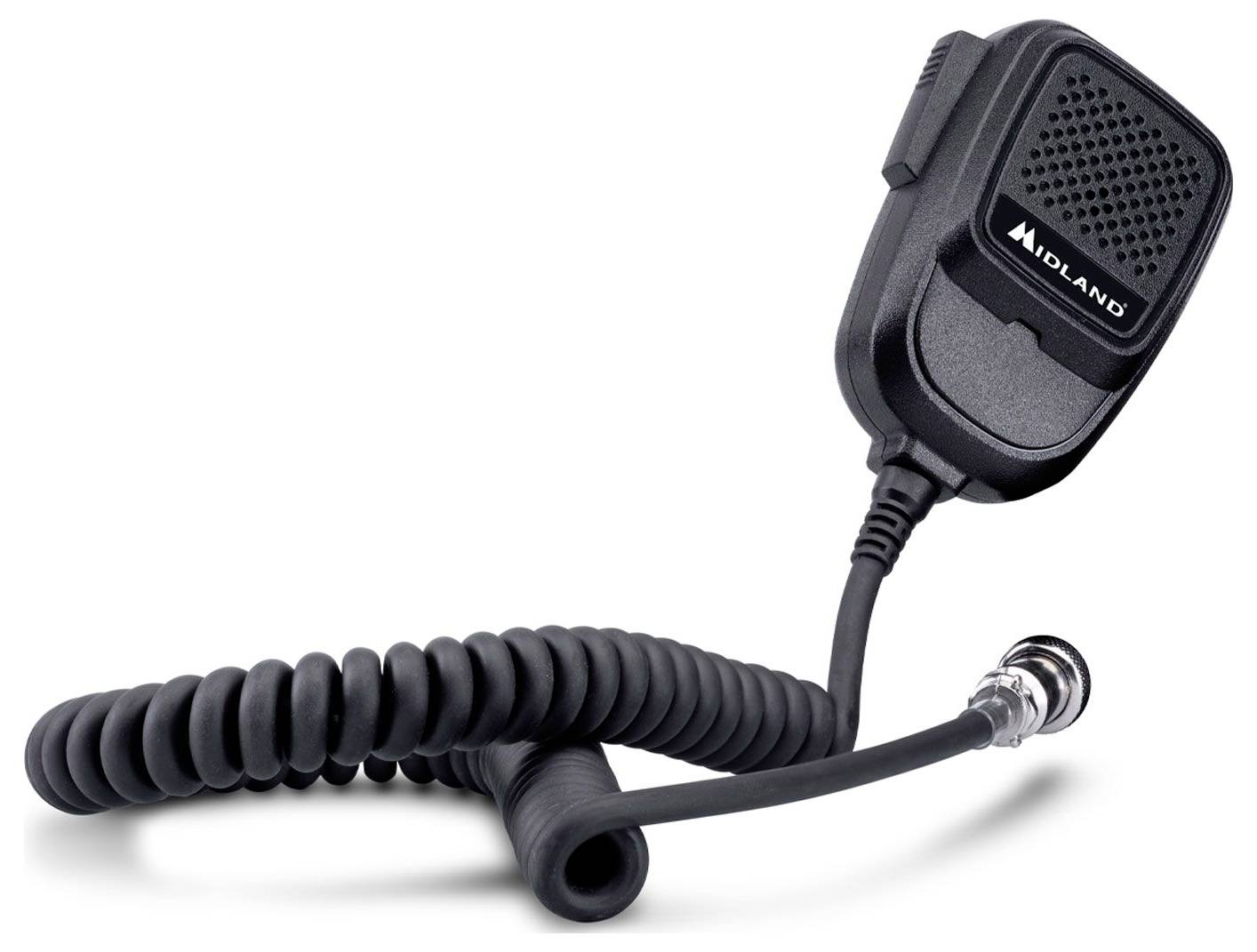 'A coiled cable microphone with a clip-on attachment, branded with the name "MIDLAND" on the front, designed for radio communication.'