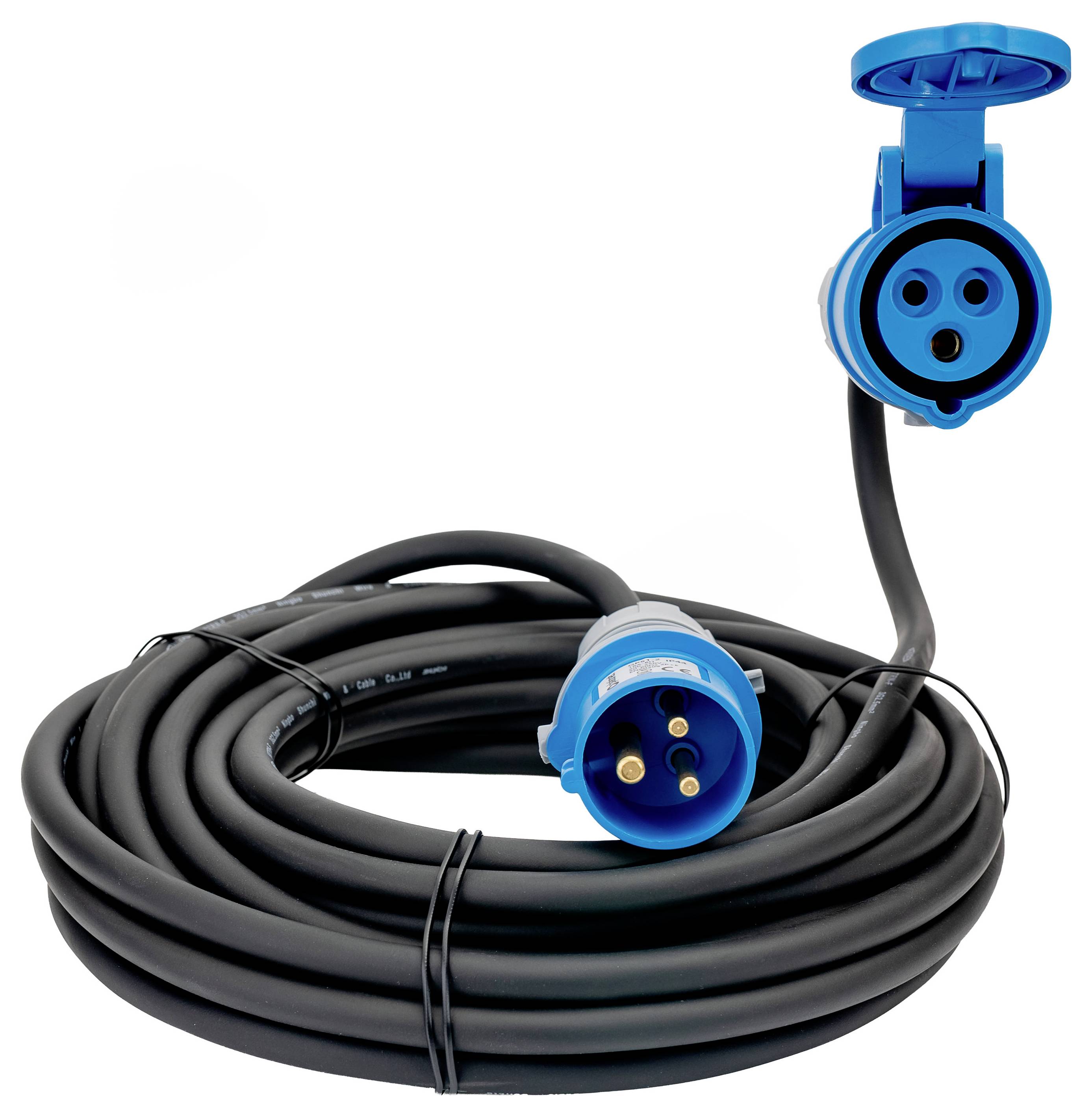 Coiled black cable with a blue industrial power plug on one end and a blue socket on the other, designed for outdoor electrical connections.