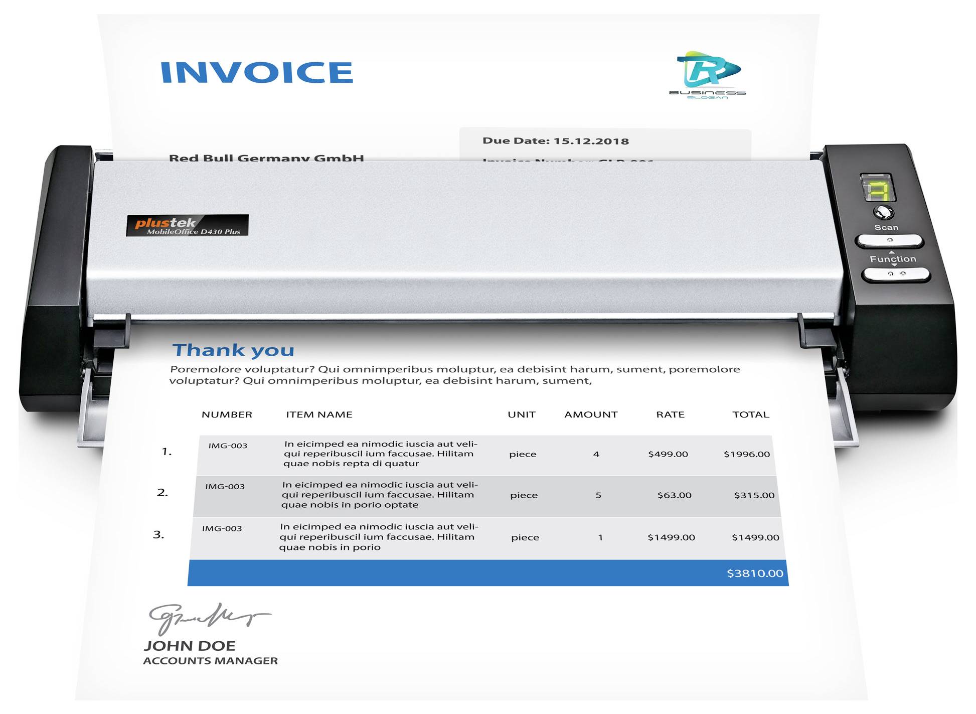 A scanner processes an invoice document with 'Thank you' and total $519.00 visible, signed by 'John Doe, Accounts Manager'.