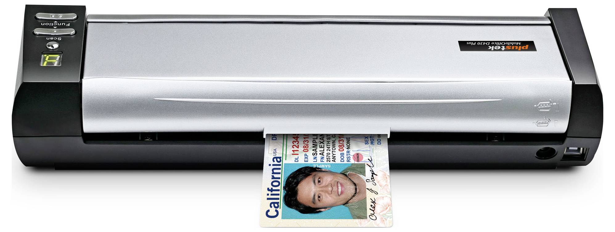 A silver card scanner is processing a California driver's license, which is partially inserted with the photo and details visible.
