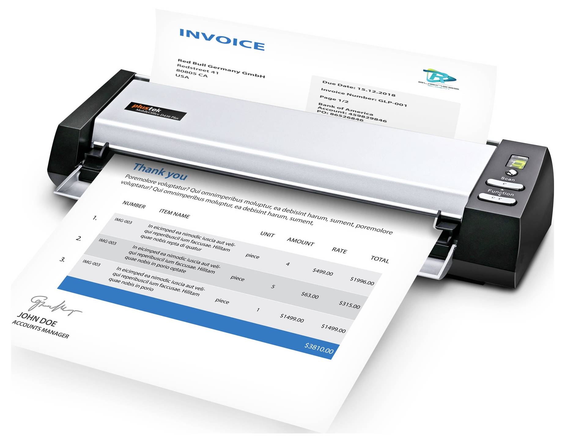 A scanner is scanning an invoice and a receipt. The scanned receipt thanks the customer, lists numbers, items, and prices, and includes a signature.