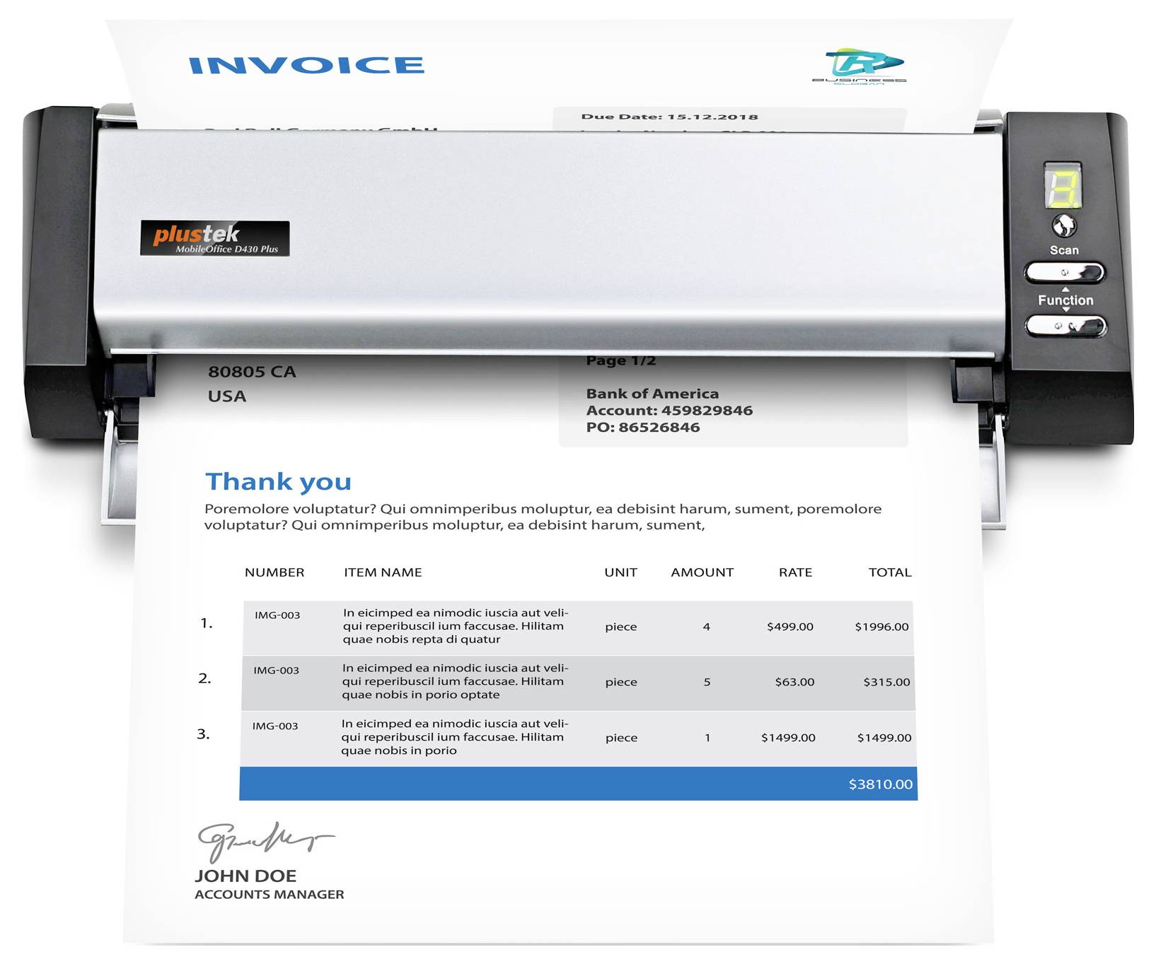 A scanner processes an invoice with a 'Thank you' note. The document lists a total of $3810.00, from John Doe, Accounts Manager.