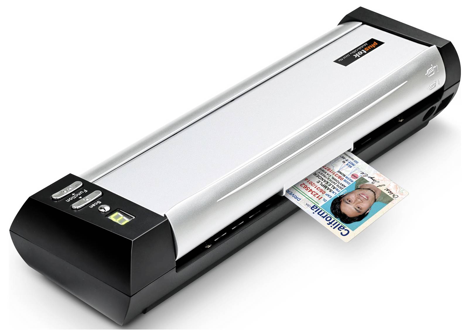 A laminating machine with a partially laminated card emerging, showing a person's face and the word 'California.'