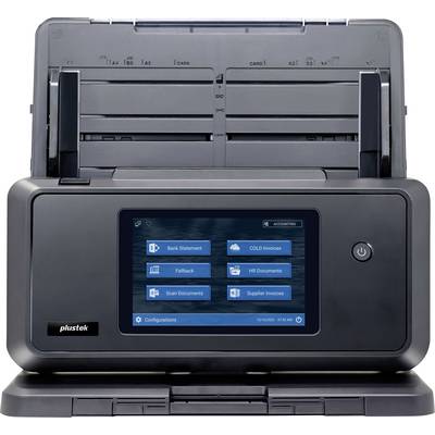 A scanner with a touchscreen interface displaying scanning options such as 'Bank Statement', 'Invoices', 'HR Documents', and more.