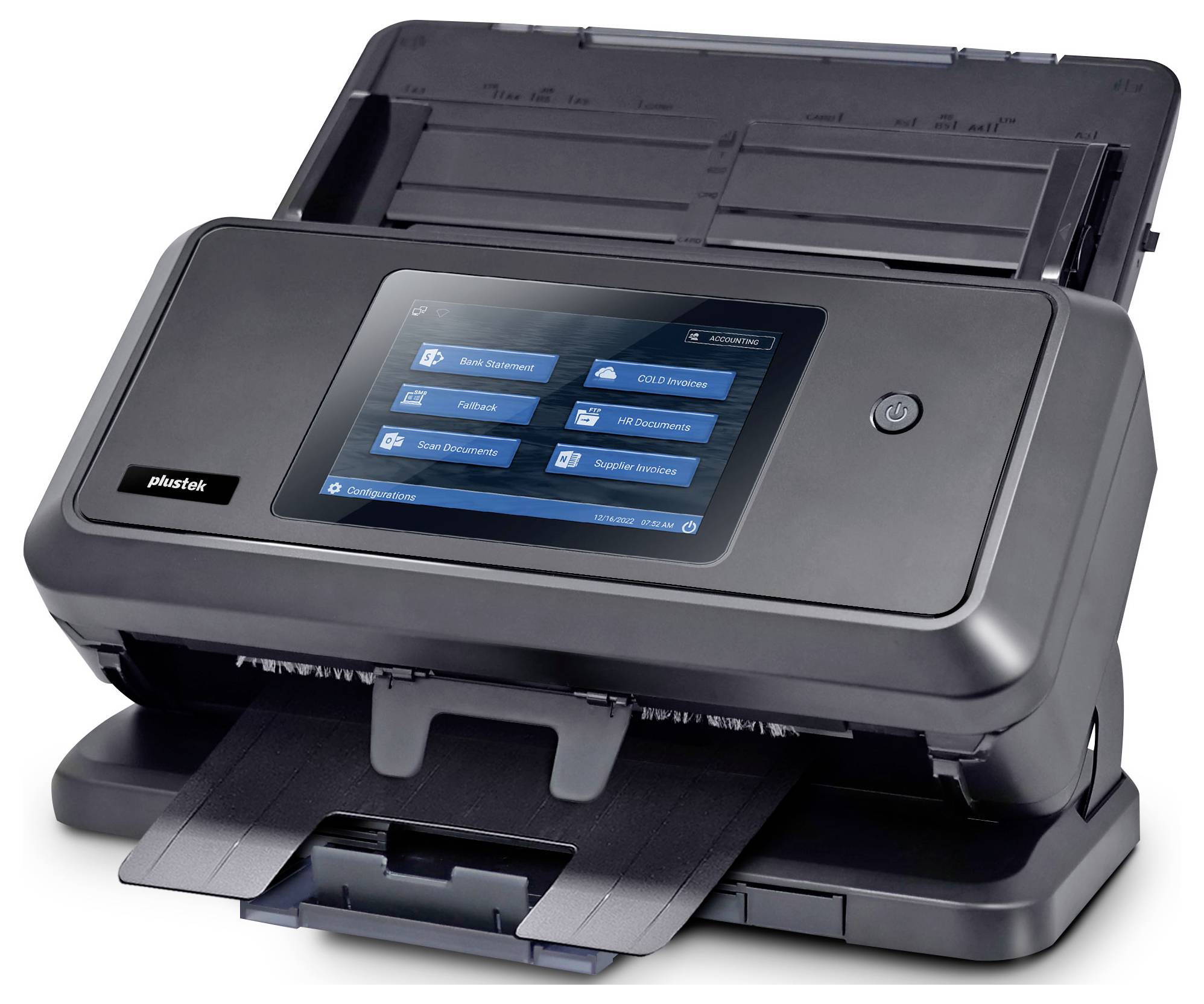 A dark gray desktop scanner with an LCD touchscreen displaying a menu interface. The scanner's paper tray is visible underneath.