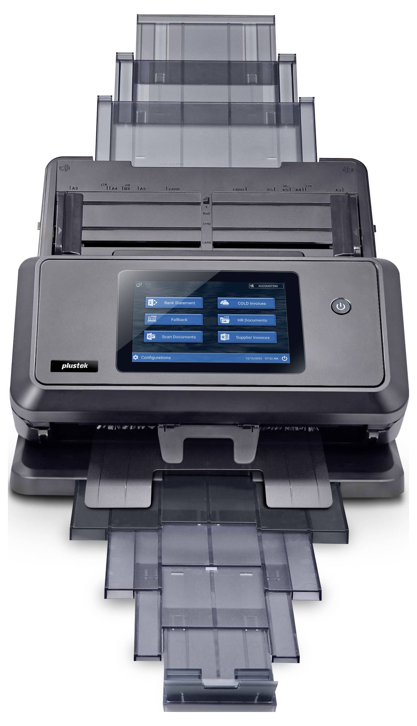 A document scanner with multiple trays and a touch screen displaying control options for scanning, copying, and adjusting settings.