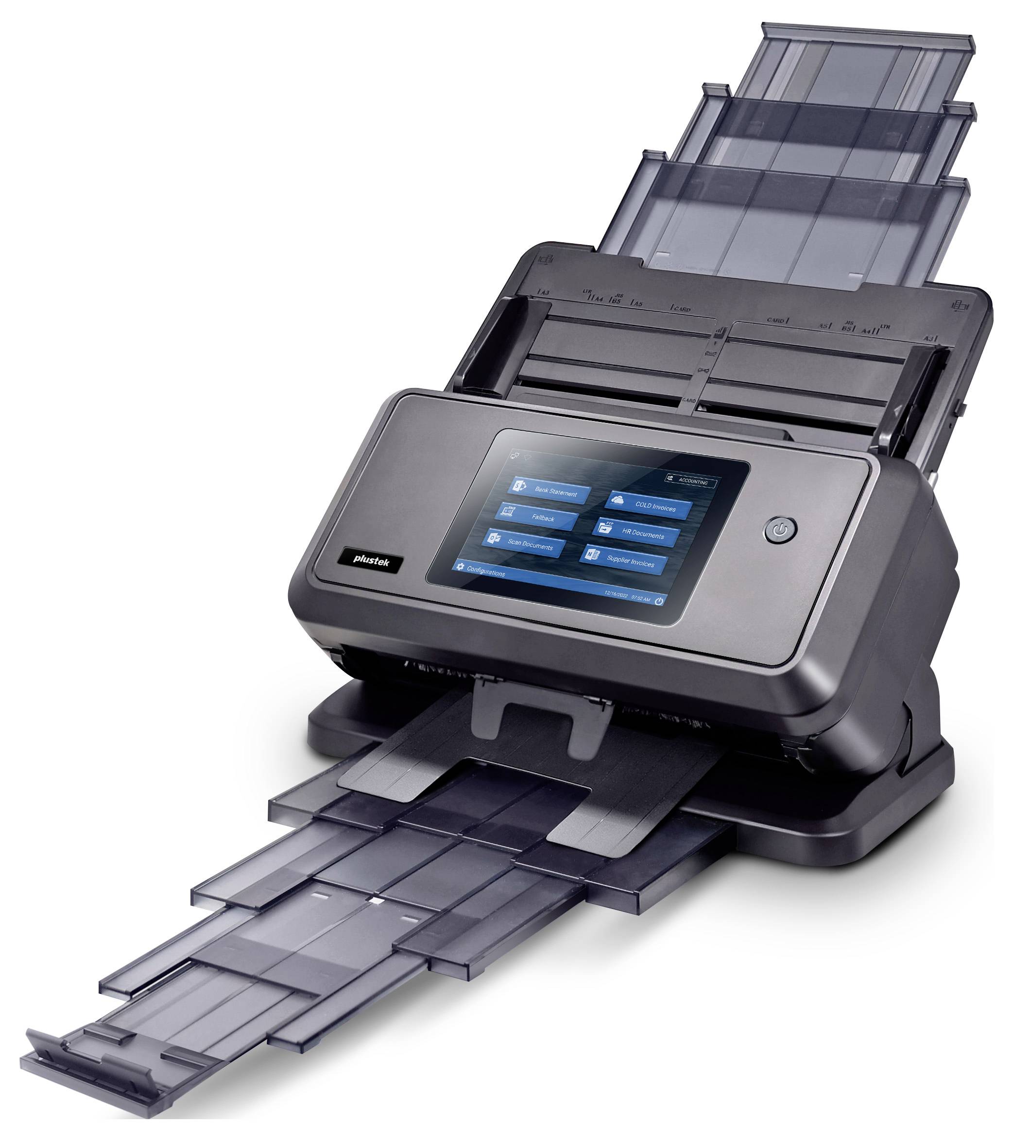 High-speed document scanner with extended input and output trays, featuring a touchscreen interface displaying scanning options.