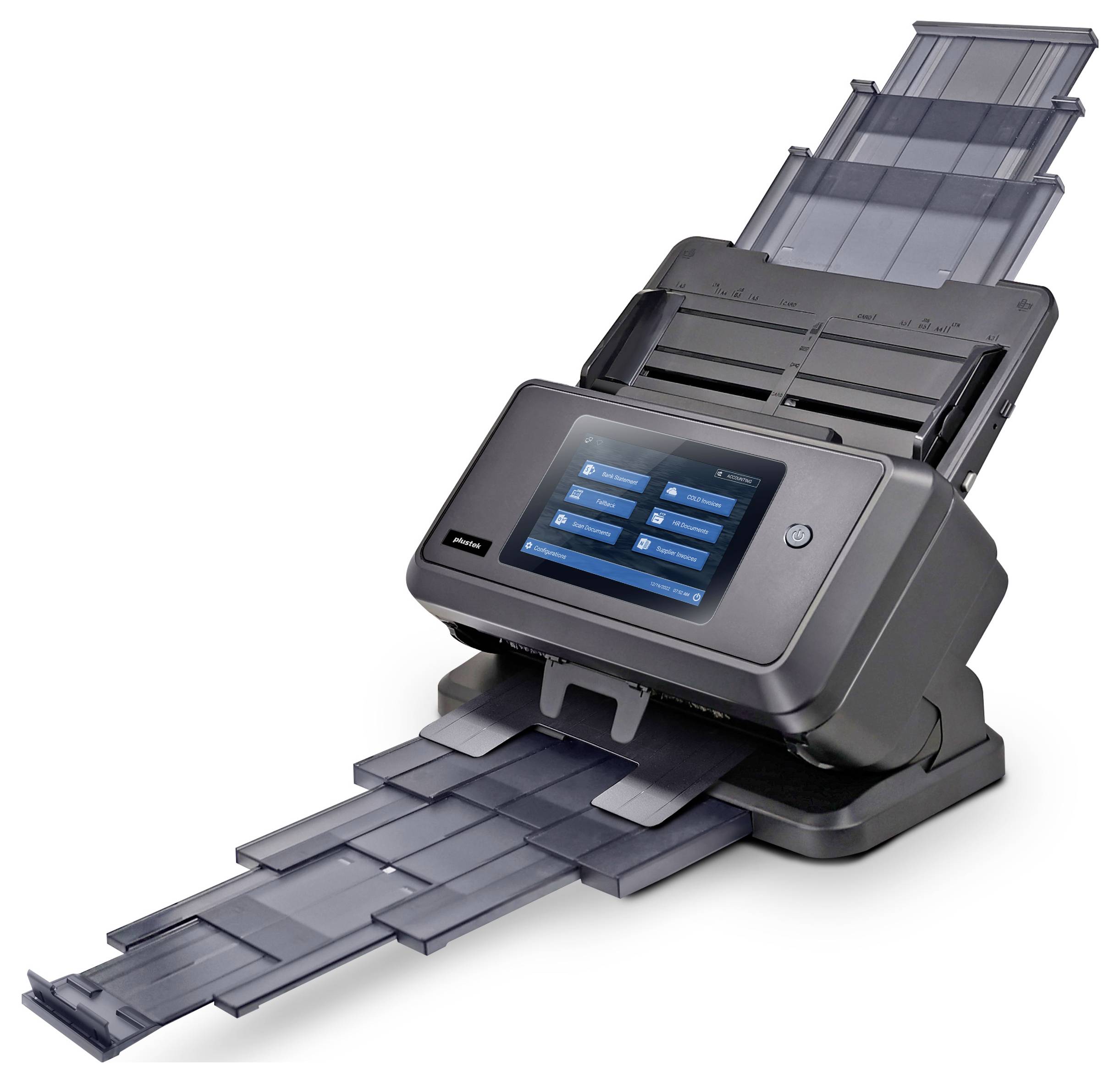 An office scanner with a touchscreen displays six blue buttons for different scanning options. The paper feeder is extended.