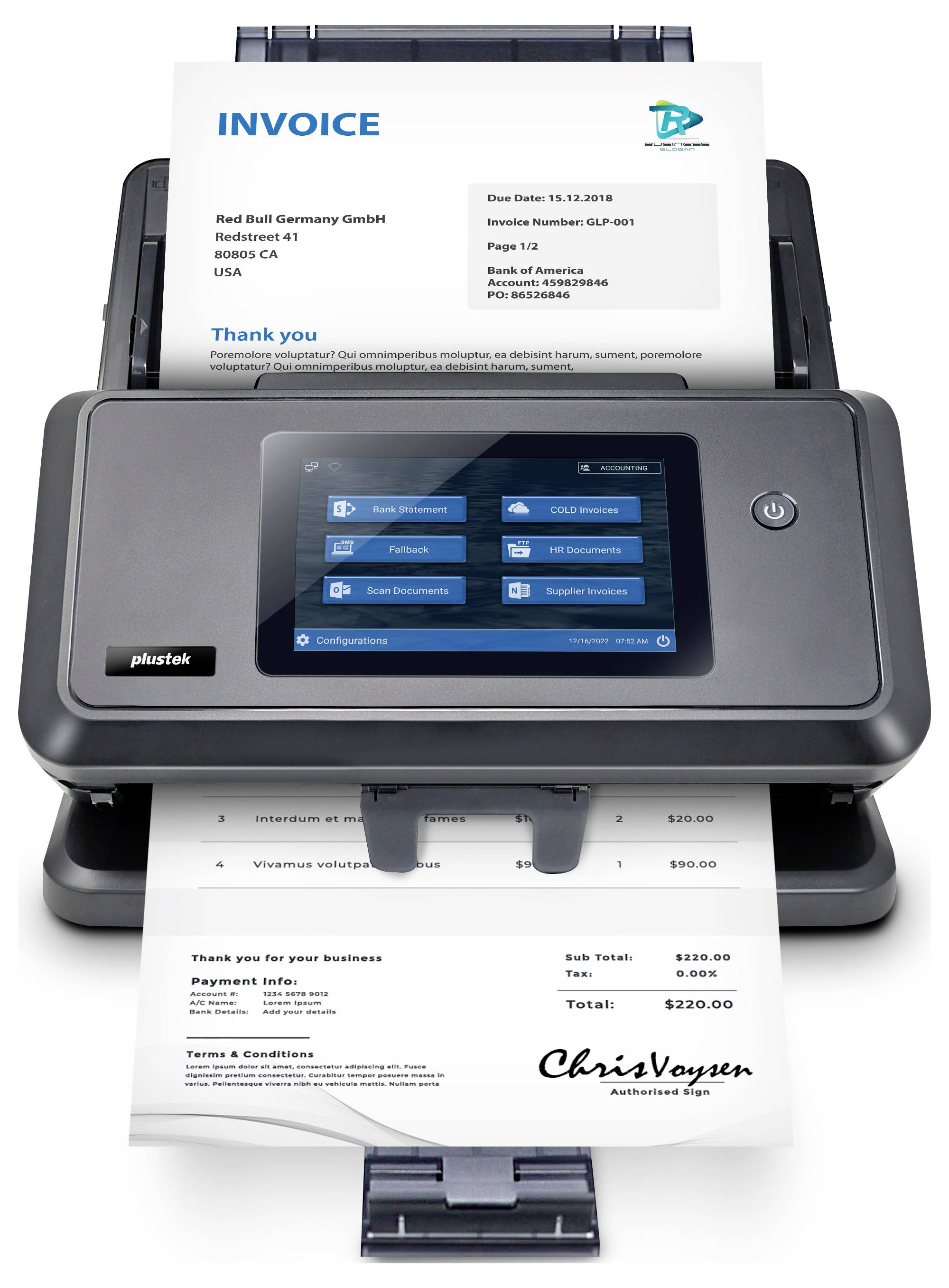 A scanner is processing several documents, including an invoice and a thank-you note, displaying settings and options on its touchscreen.