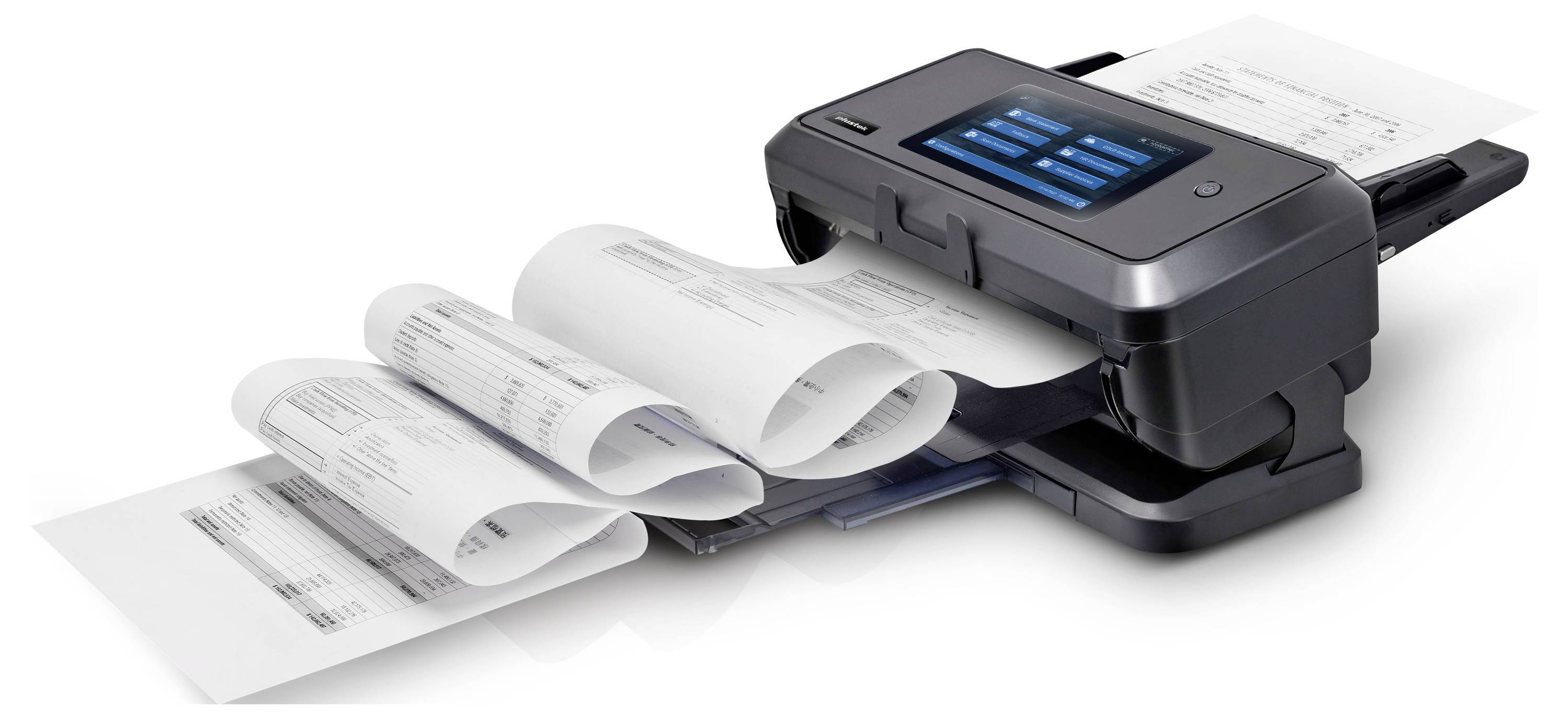 A black scanner with multiple sheets of paper being scanned in sequence. Display shows options. Papers contain text and data tables.