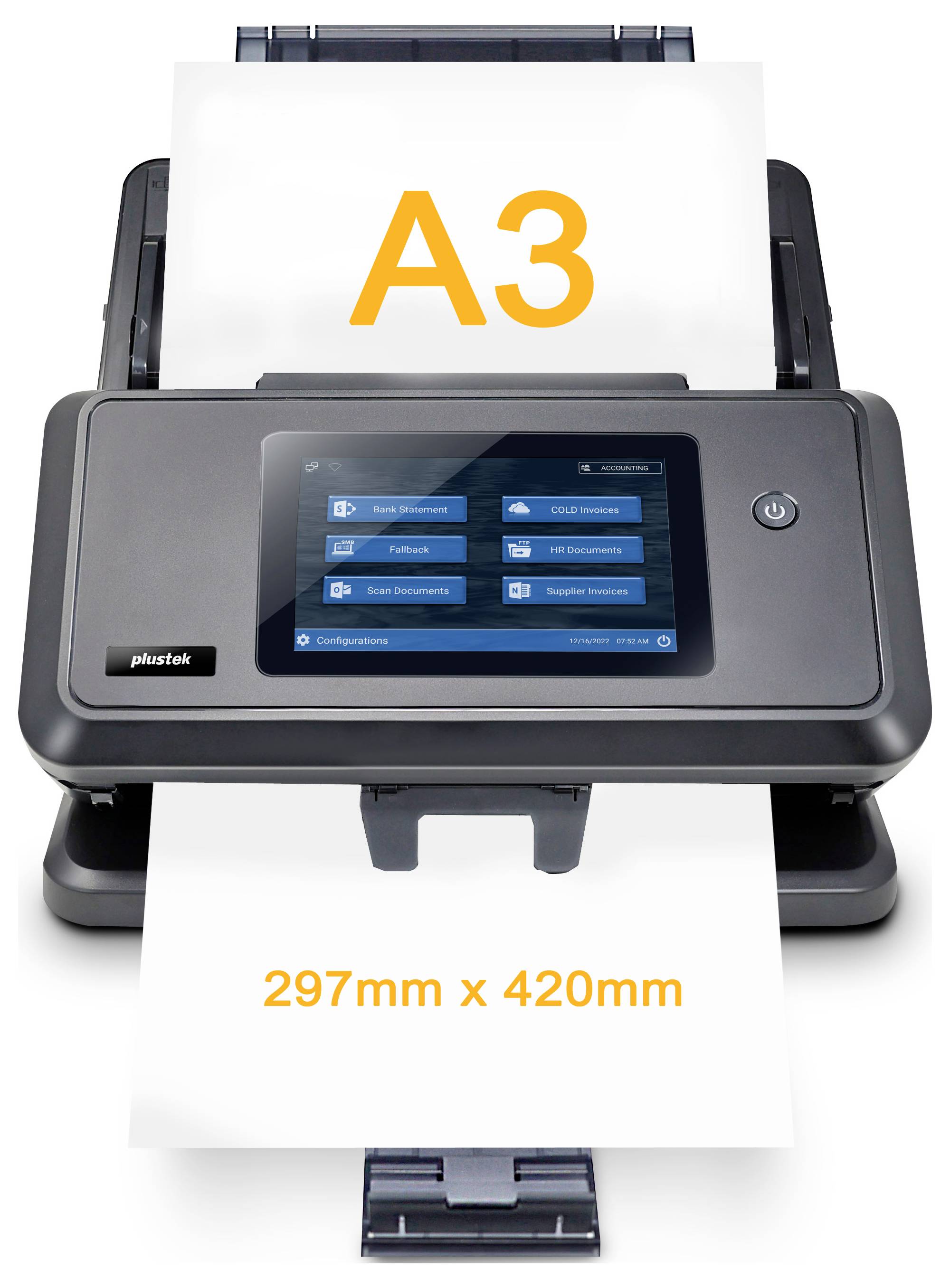 A flatbed scanner with a touchscreen displays scanning options. Paper labeled 'A3' (297mm x 420mm) is visible, indicating size capability.