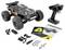 Remote control car set includes black off-road vehicle, remote control, battery, USB charger, tools, and instruction manual on a white background.