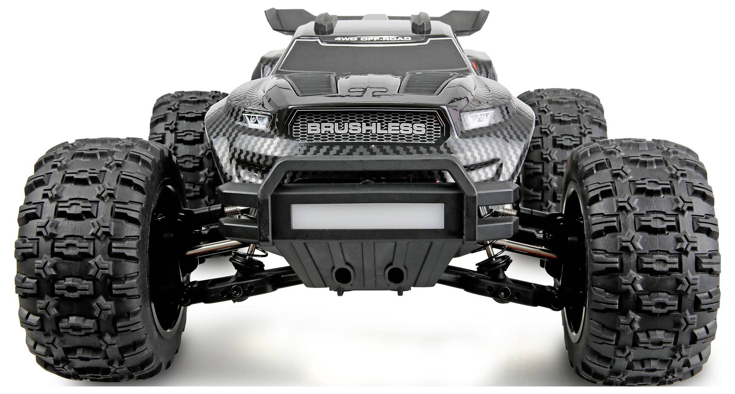 A remote-controlled black off-road car with large, textured tires, labeled 'Brushless' on the front grille, viewed from the front.