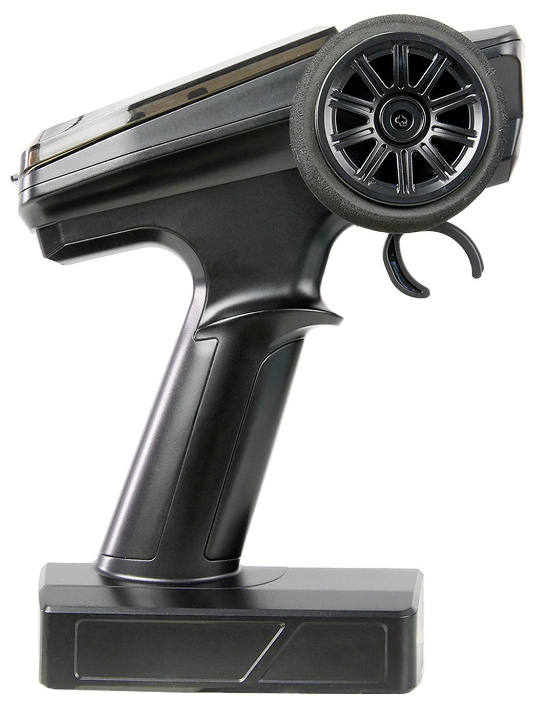 'A black RC car remote control with a steering wheel on the right side and trigger for speed on the handle, meant for precise operation.'