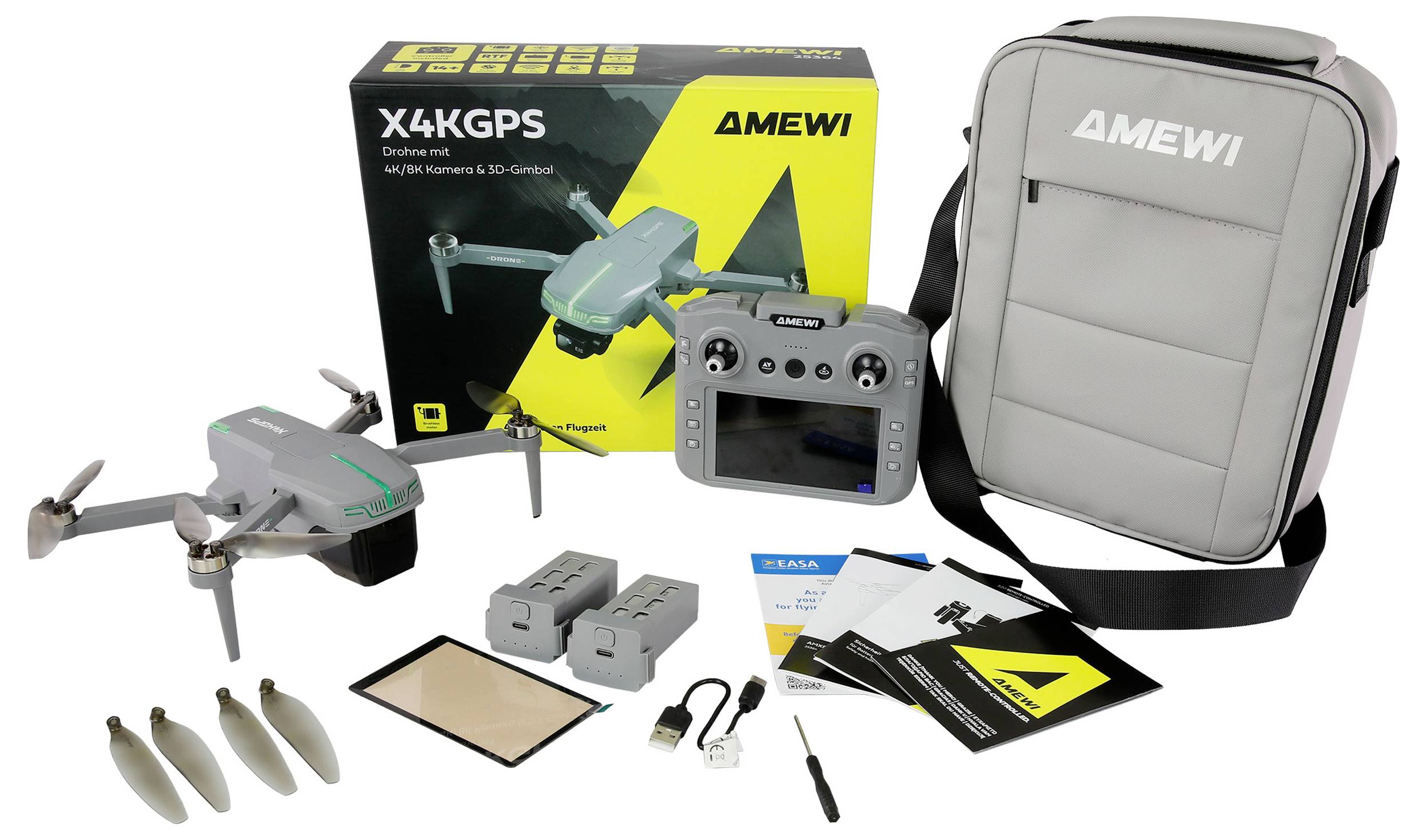 Drone kit includes 'AMEWI' branded drone, controller, batteries, propellers, charger, manuals, and carrying case. Suitable for 4K GPS flying.