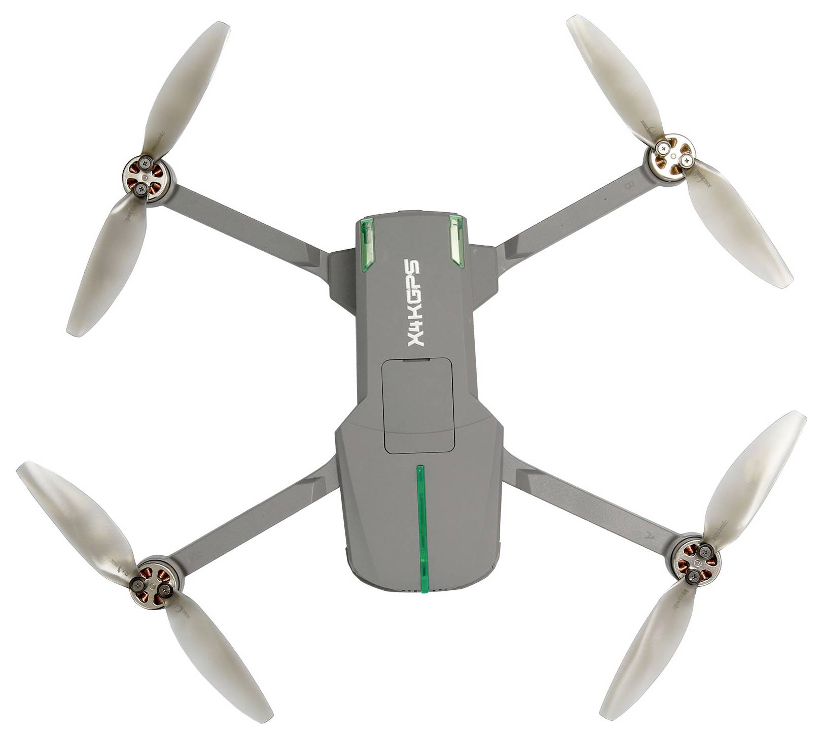A grey quadcopter drone viewed from above, featuring four propellers and a 'X4K GPS' label on the top.