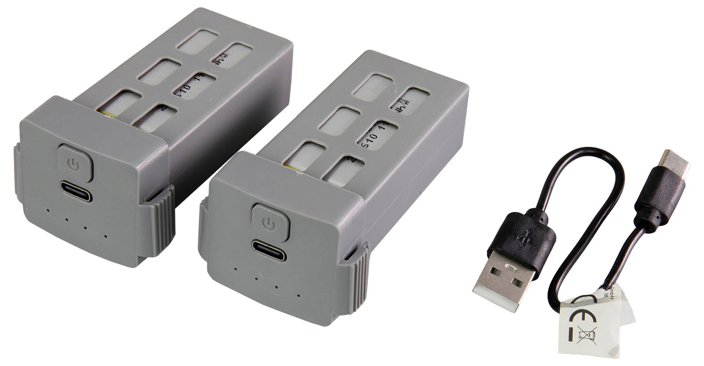 Two gray rechargeable battery packs with USB-C ports, accompanied by a short USB cable with USB and USB-C connectors.