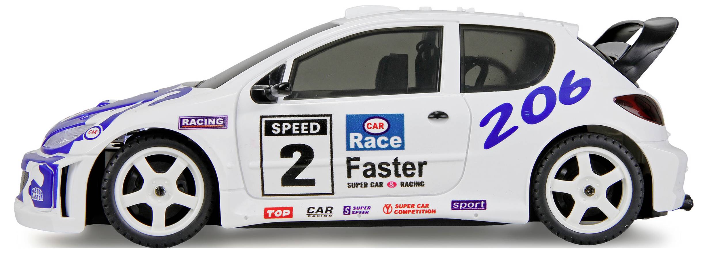 A white toy race car with the number '206' and 'Speed 2' on the side, featuring a spoiler and blue racing decals.