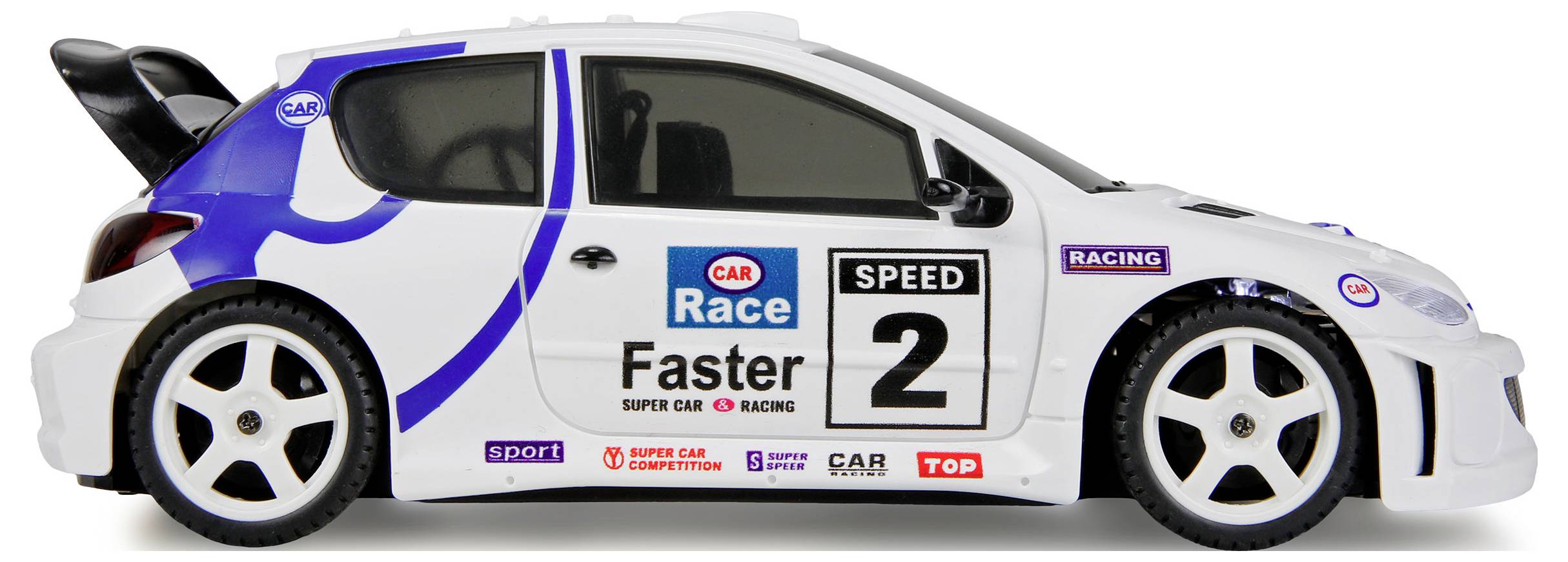 A white race car with blue accents and various sponsors' logos, featuring the number '2' and the word 'Faster' prominently on the side.