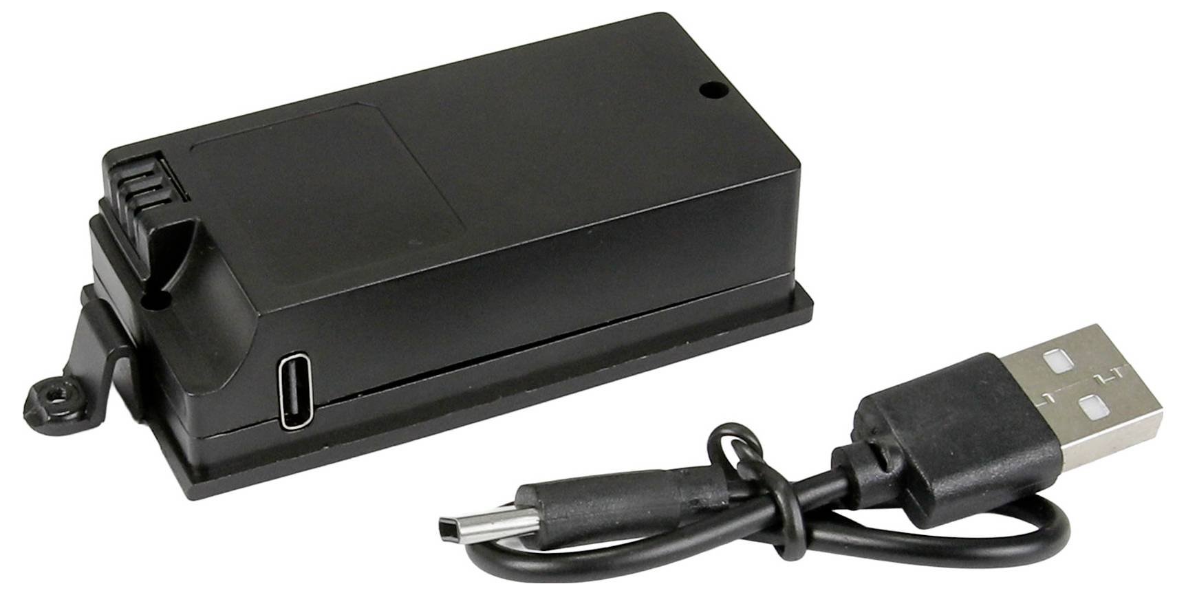 A black rectangular electronic component with a USB-C port, accompanied by a detached USB charging cable with a standard USB connector.