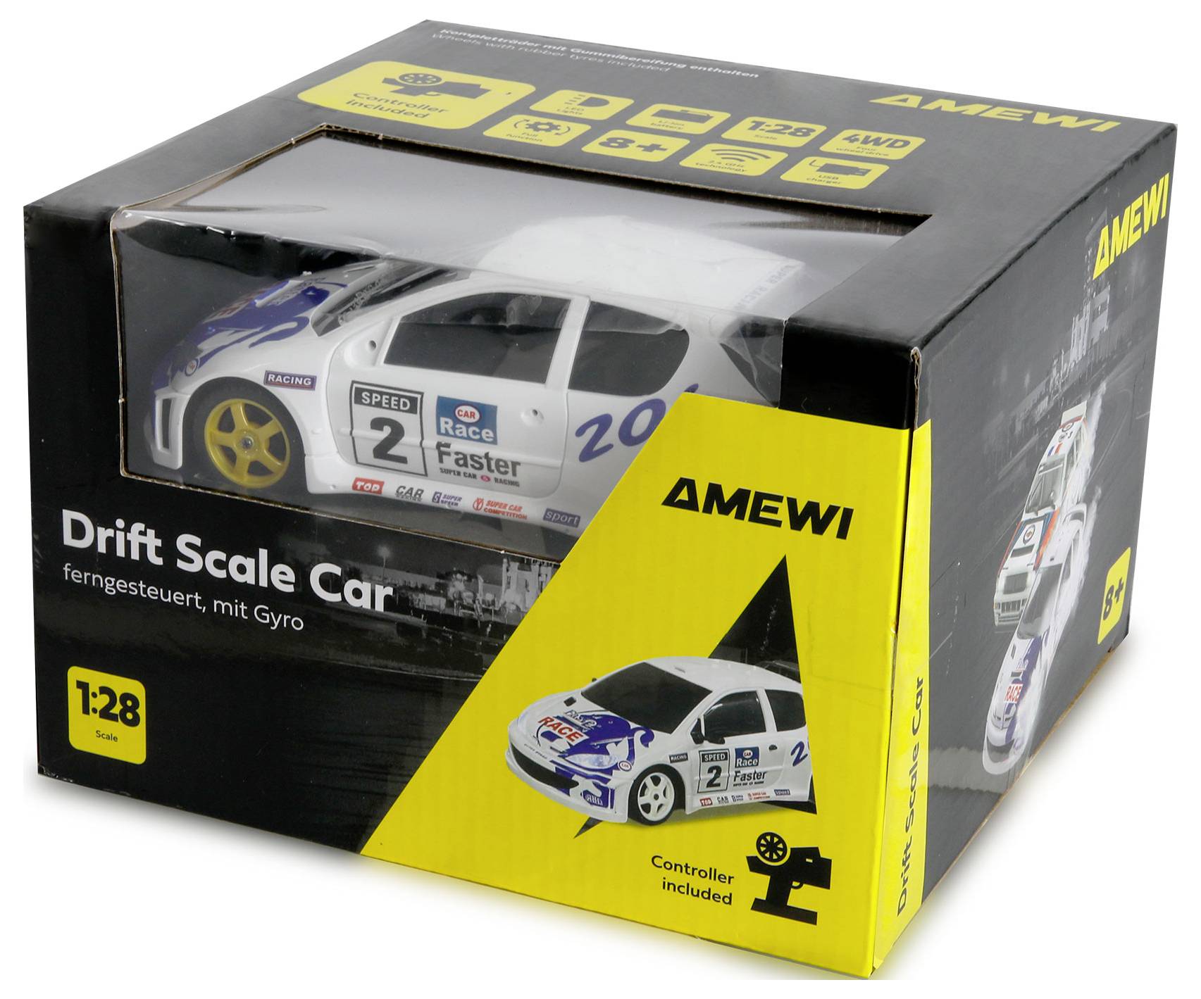 'AMEWI Drift Scale Car' packaging showing a 1:28 scale, remote-controlled car with a gyro. Includes images of the car and a controller.