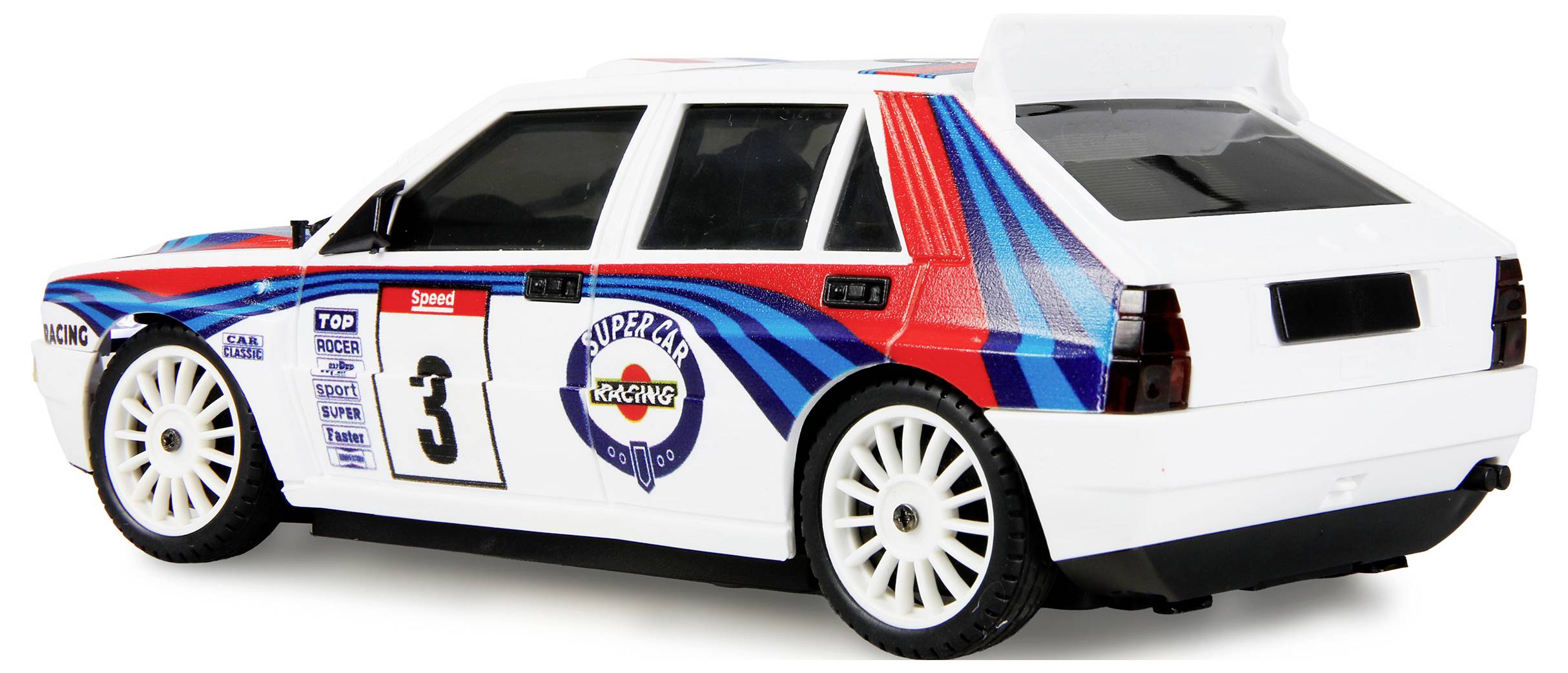 A white toy race car with blue and red stripes, featuring the number '3' and various decals, is shown in a side view.