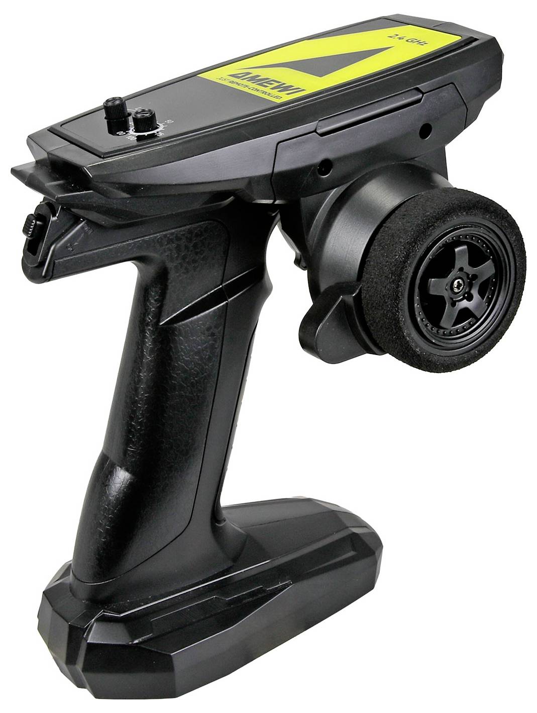 'Black handheld remote control for toy cars with a steering wheel and trigger, featuring a label on top. Designed for easy grip and operation.'