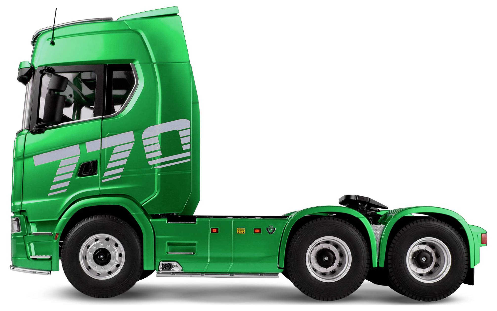 'A green semi-truck cab without a trailer, viewed from the side, with '770' written in large white numbers on the side.'
