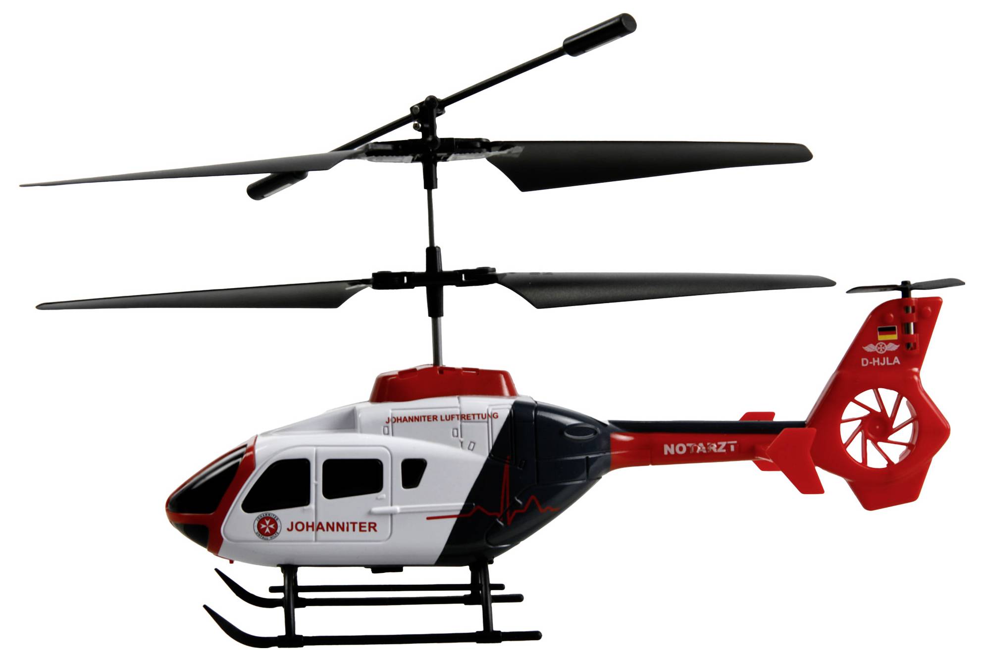 'Model helicopter in red, black, and white with 'JOHANNITER' text on the side, featuring rotating blades and landing skids.'