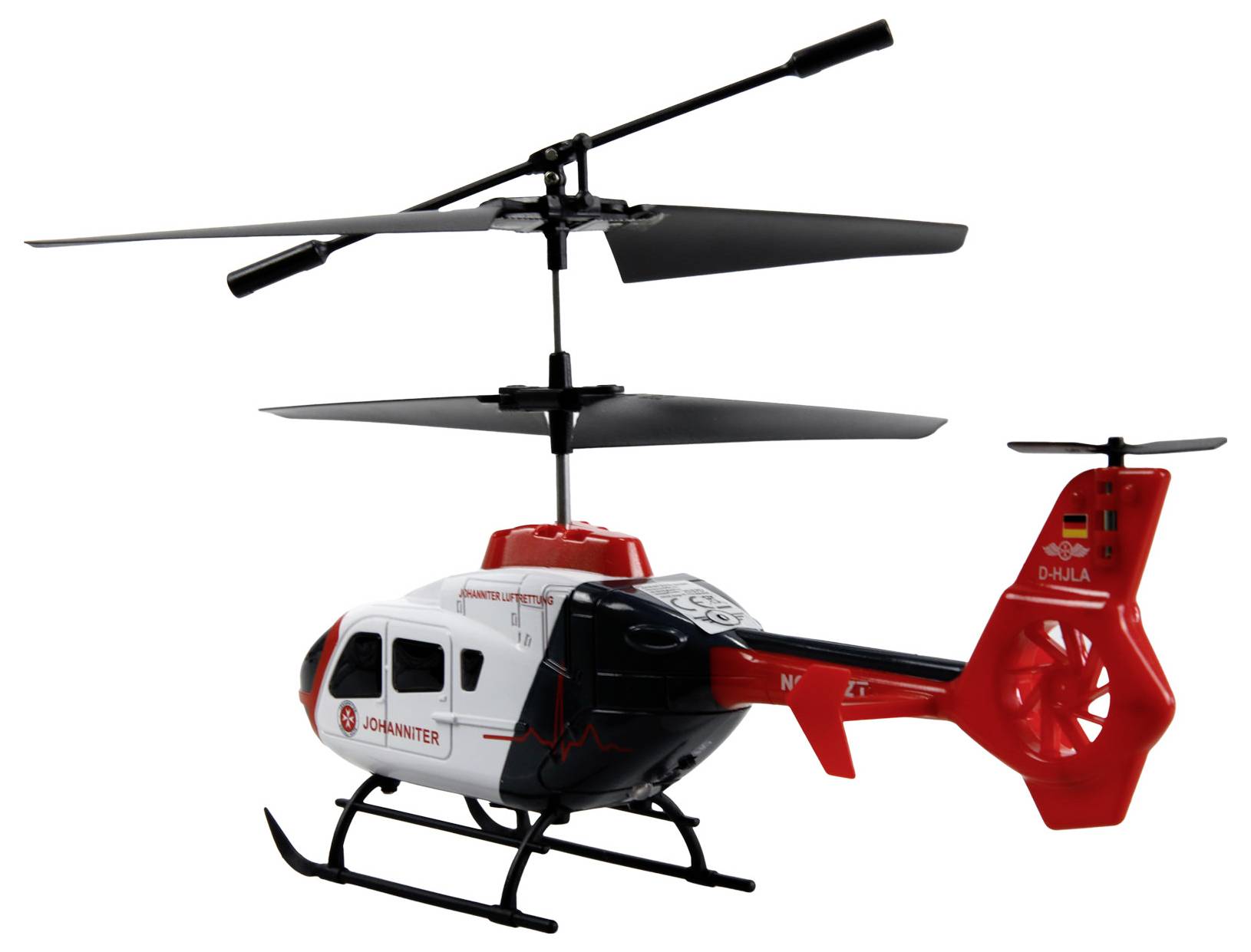 A small model helicopter with two sets of rotors, marked 'Johanniter' on the side, featuring a black and red color scheme.