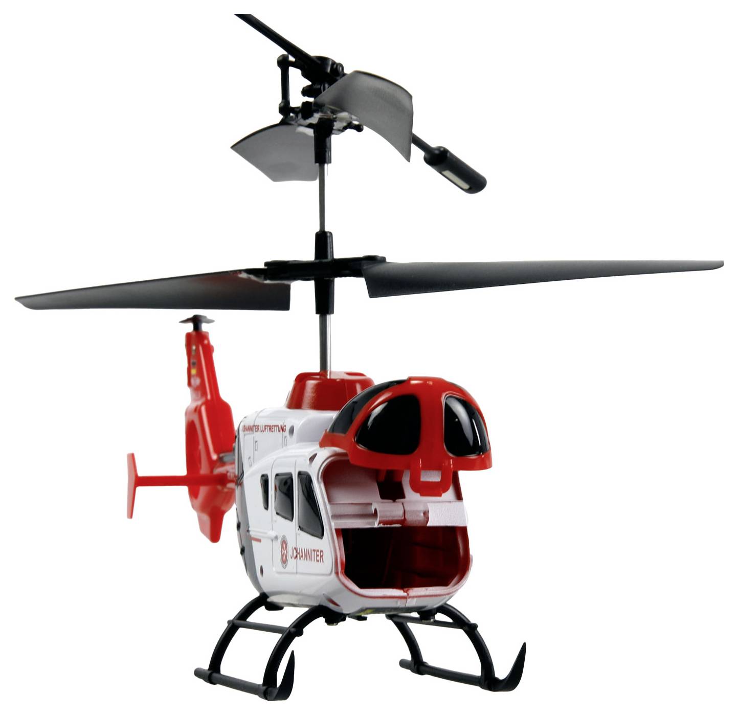 A red and white toy helicopter with two rotor blades, designed for children, stands against a plain white background.