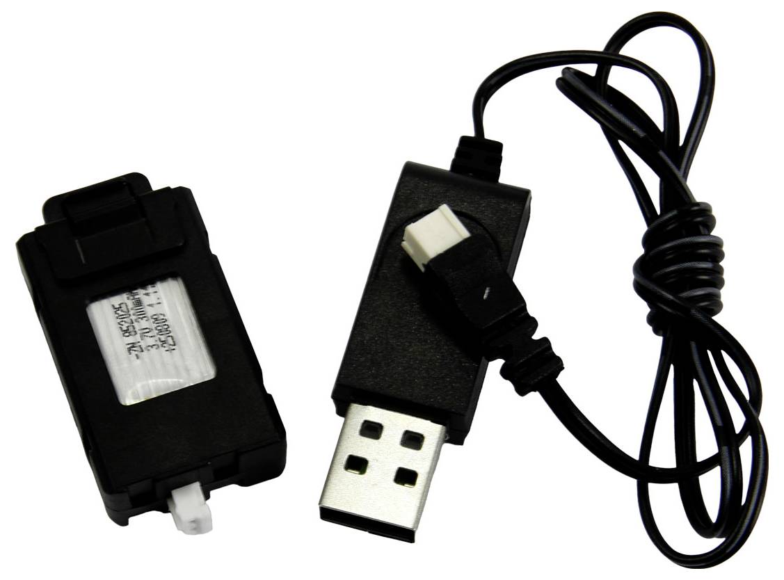 A black USB charger with a cable and a detached battery.