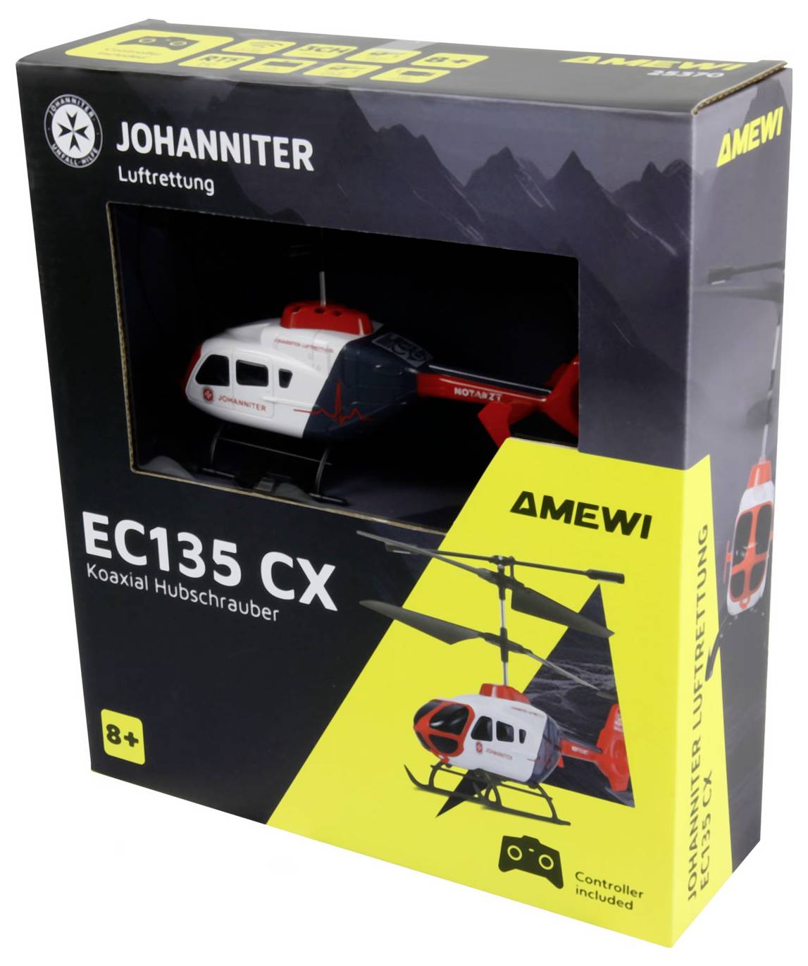 Box of an EC135 CX helicopter model by Amewi, featuring a red and white design. Suitable for ages 8 and up, with a controller included.