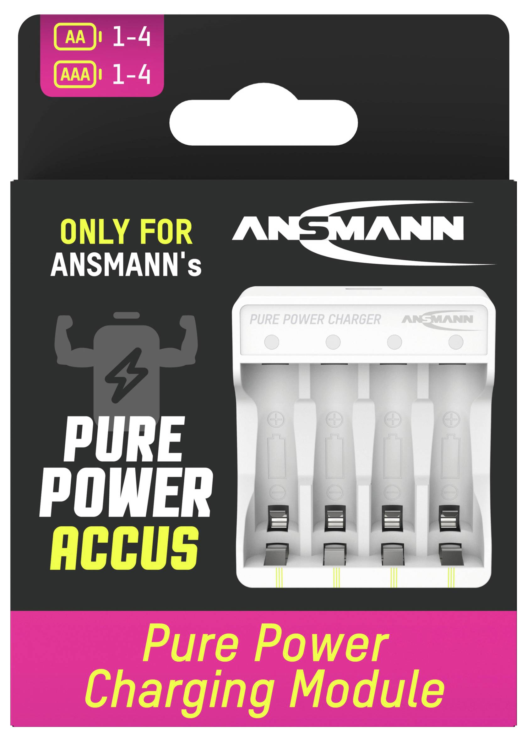 'Ansmann Pure Power Accus' battery charger packaging for AA and AAA batteries, featuring four charging slots and a power icon.
