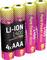 'Four pink and yellow AAA lithium-ion batteries labeled as LI-ION 1400, Pure Power Accu, each with a 1250mAh capacity.'