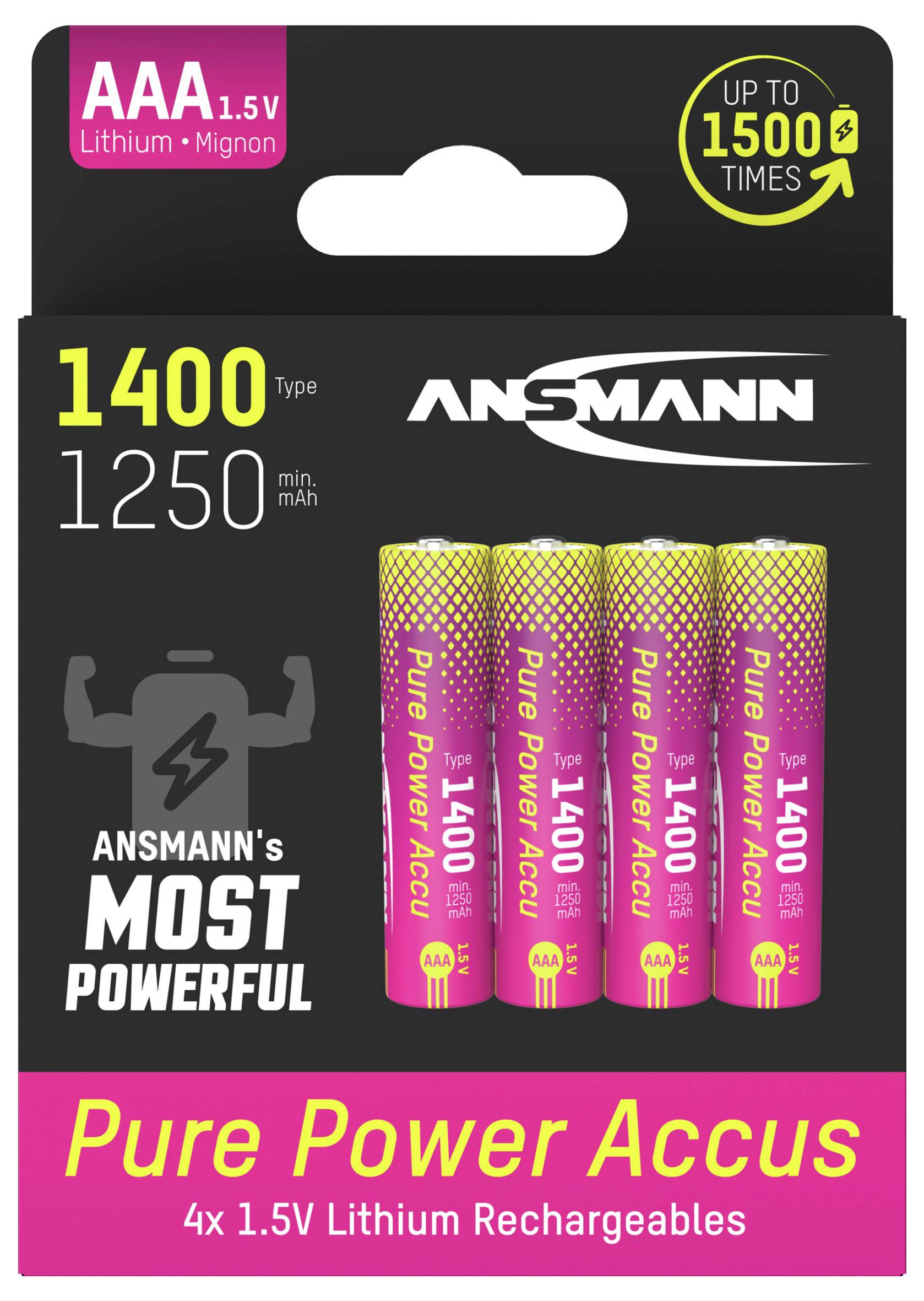 Four AAA lithium rechargeable batteries in packaging labeled 'Ansmann's Most Powerful Pure Power Accus', with '1400' and '1250 mAh'.