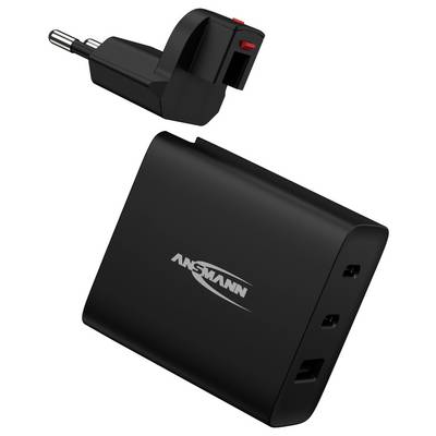 A black Ansmann wall charger with two USB ports and a detachable plug, designed for charging multiple devices simultaneously.