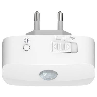 A white electronic plug-in device with prongs, featuring a motion sensor, a light sensor, and a slider switch labeled 'On', 'Off', 'Auto'.
