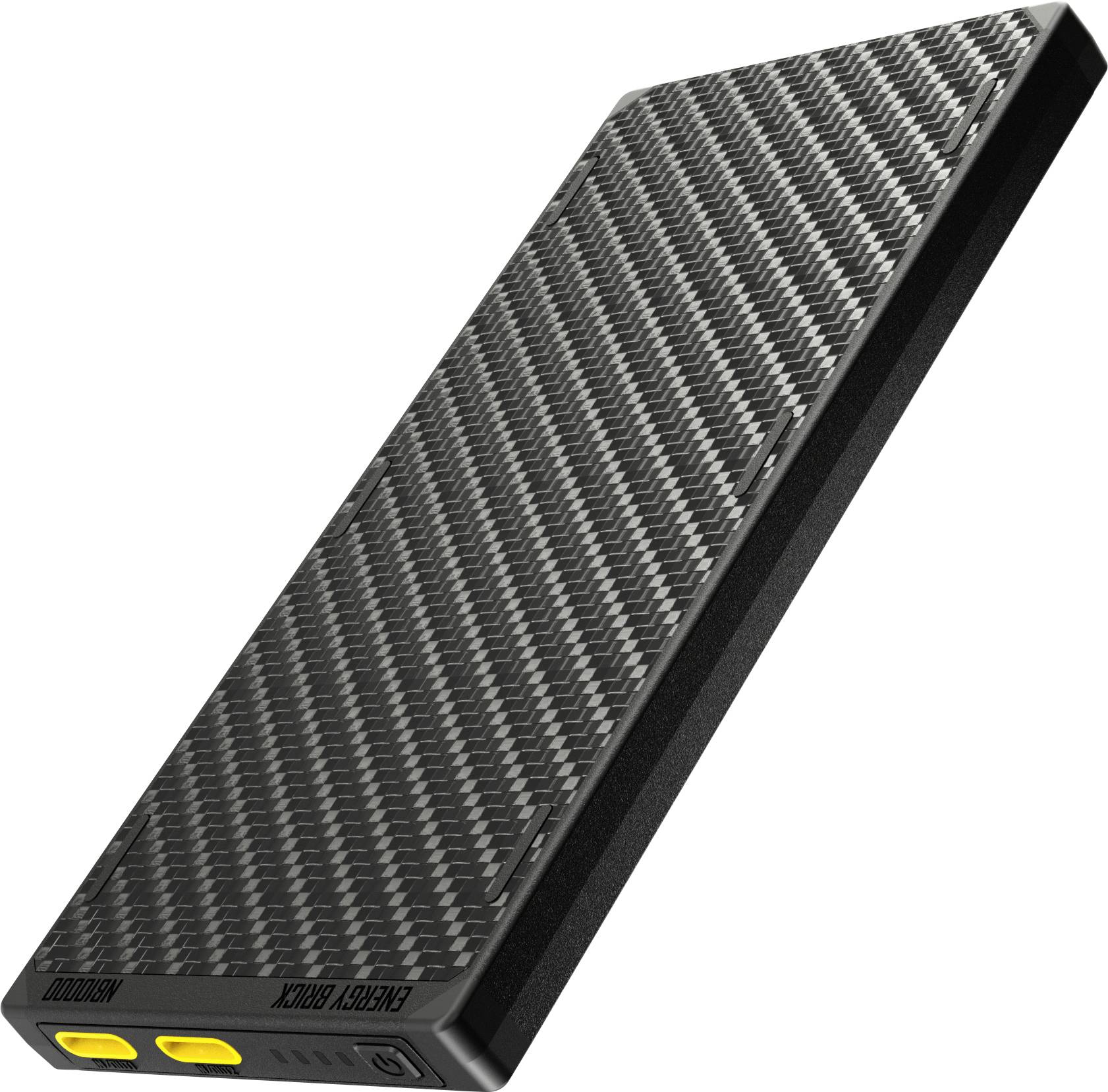 A sleek, black and gray carbon-fiber patterned portable power bank with yellow ports, viewed at an angle, highlighting its slim design.