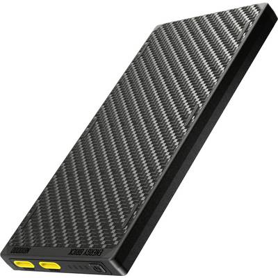 A sleek, black and gray carbon-fiber patterned portable power bank with yellow ports, viewed at an angle, highlighting its slim design.