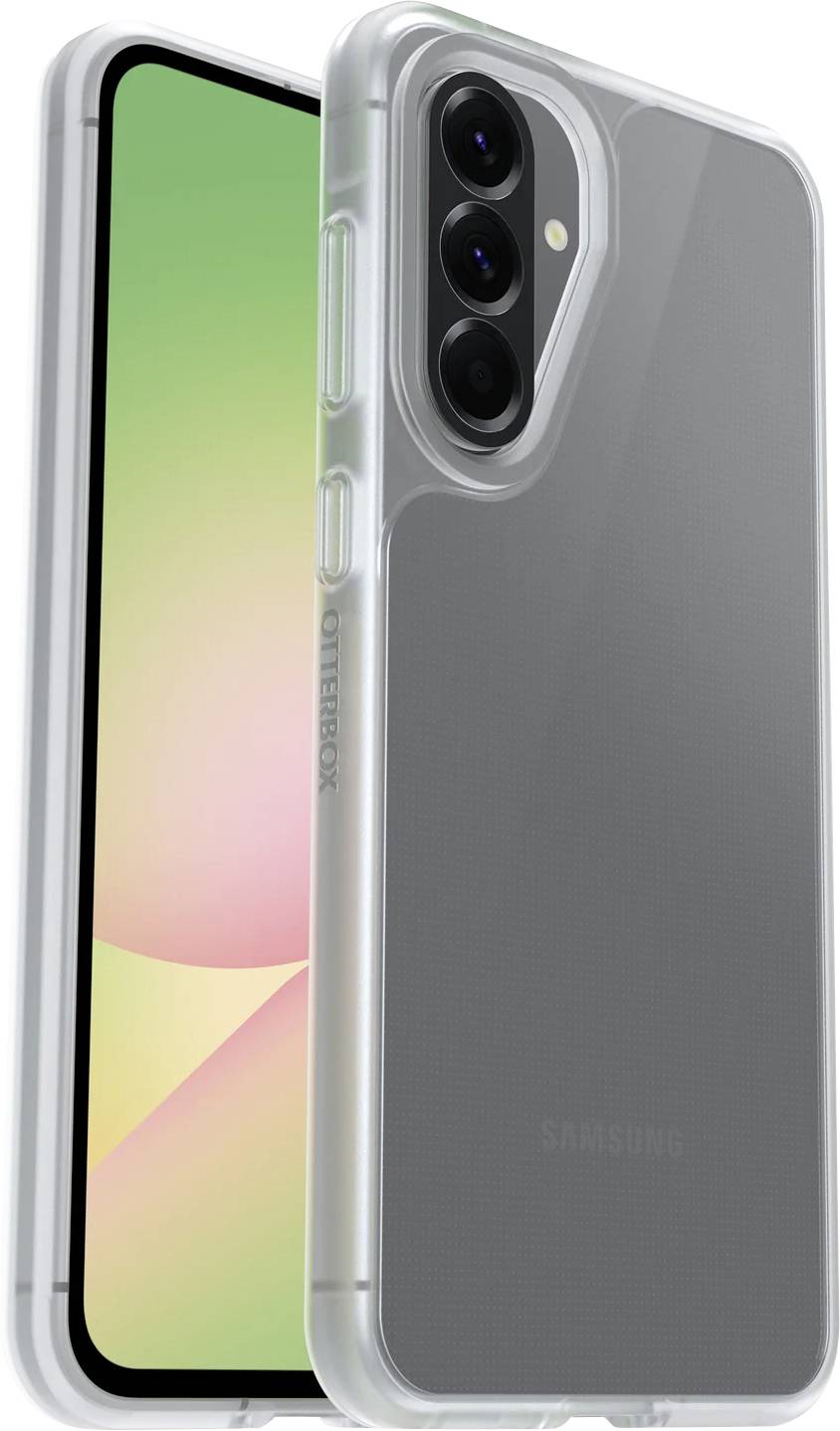 Two clear smartphone cases shown front and back, with a gray Samsung phone case featuring a triple-camera cutout.