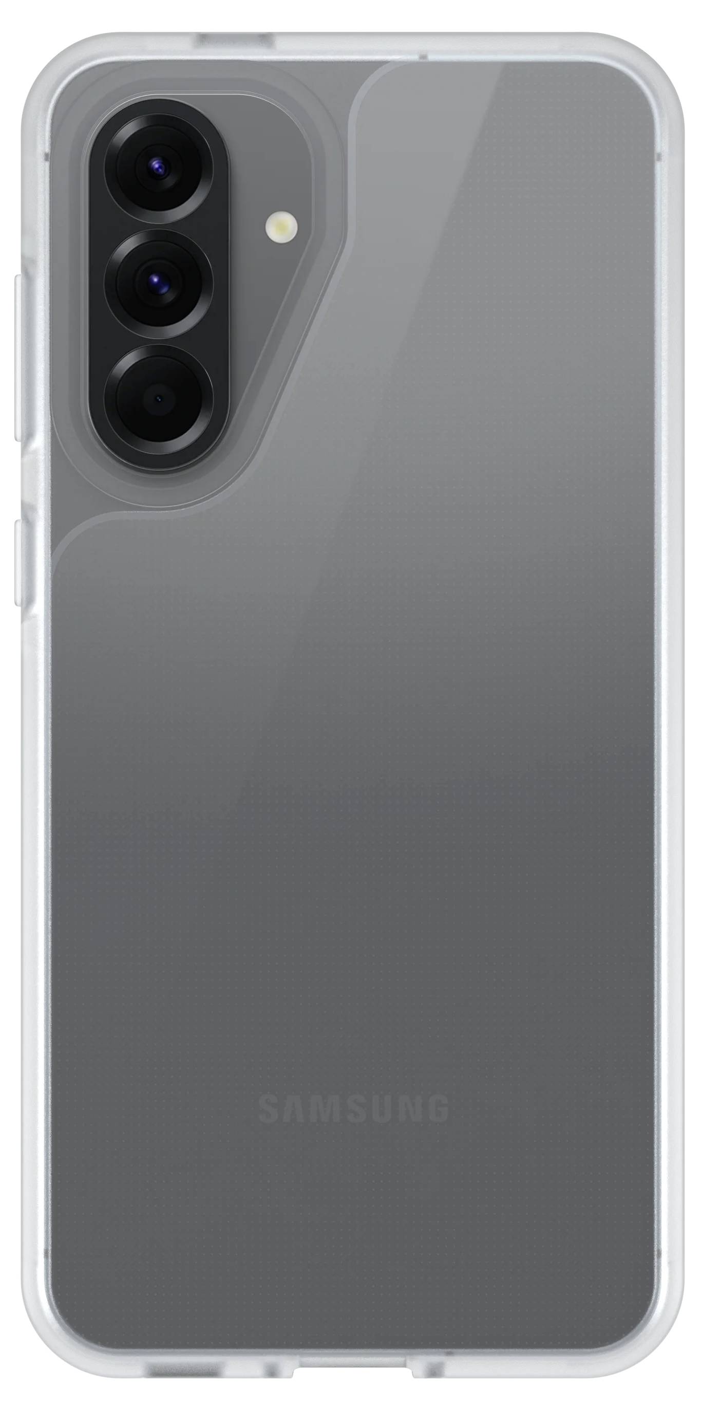 Clear protective case on the back of a Samsung smartphone, showing the camera cutout and gray phone design.