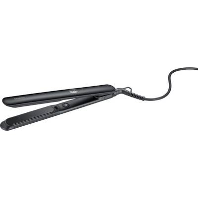 A black hair straightener with a swiveling cord, featuring a power button on the handle.