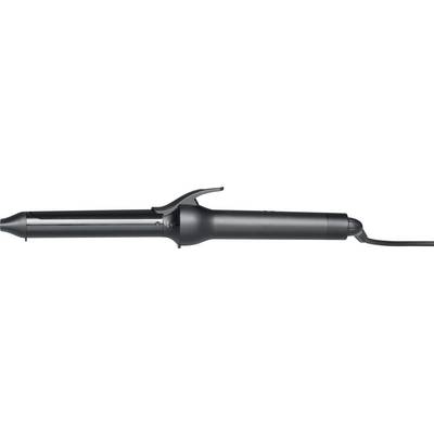 A black curling iron with a clamp and a coiled cord, designed for styling hair.