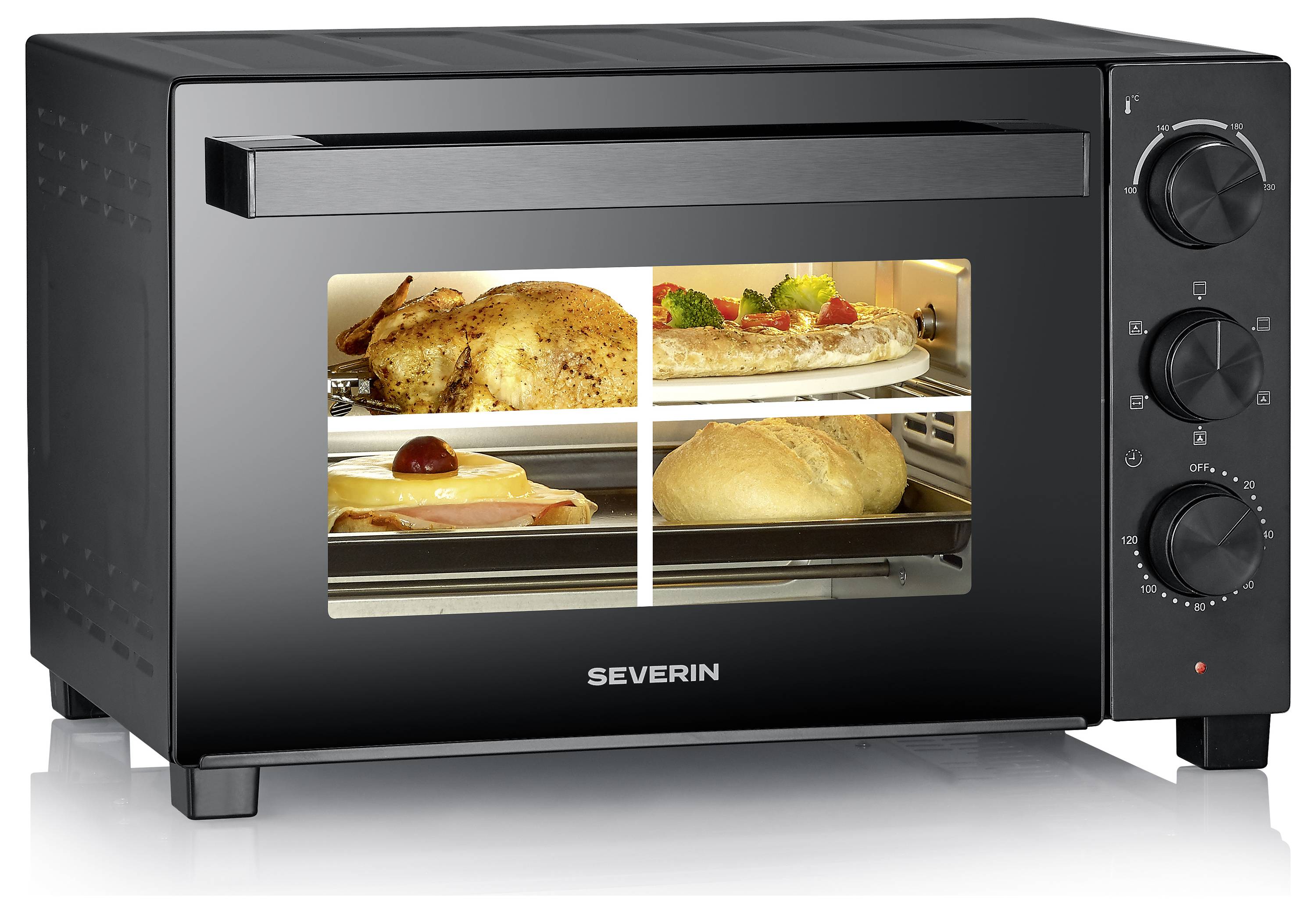 A black countertop oven with a transparent door shows food items, including roasted chicken, pizza, a sandwich, and a baguette inside.
