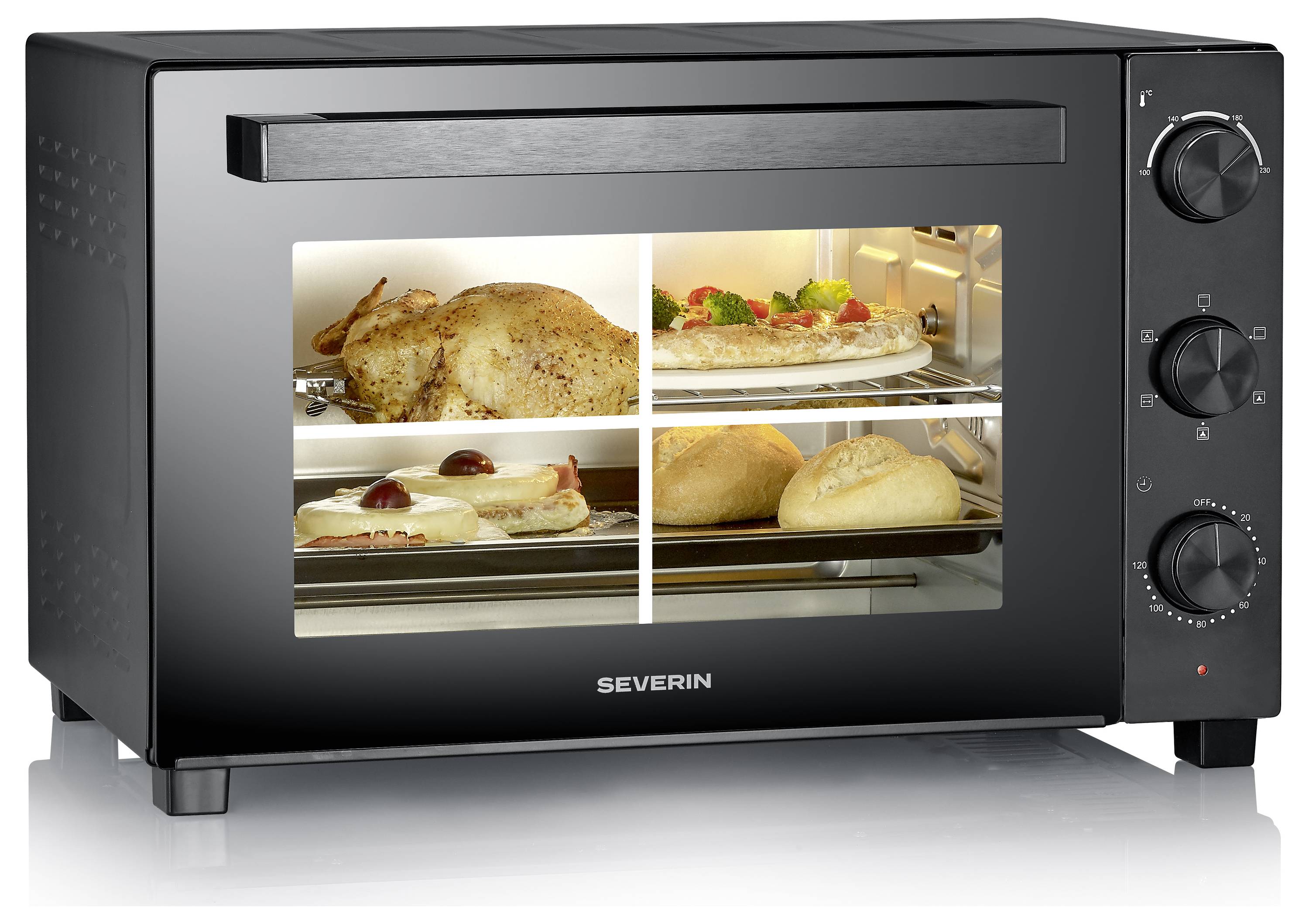 A black oven with a glass door showing four shelves, each holding different food items: a roast chicken, pizza, pastries, and bread rolls.