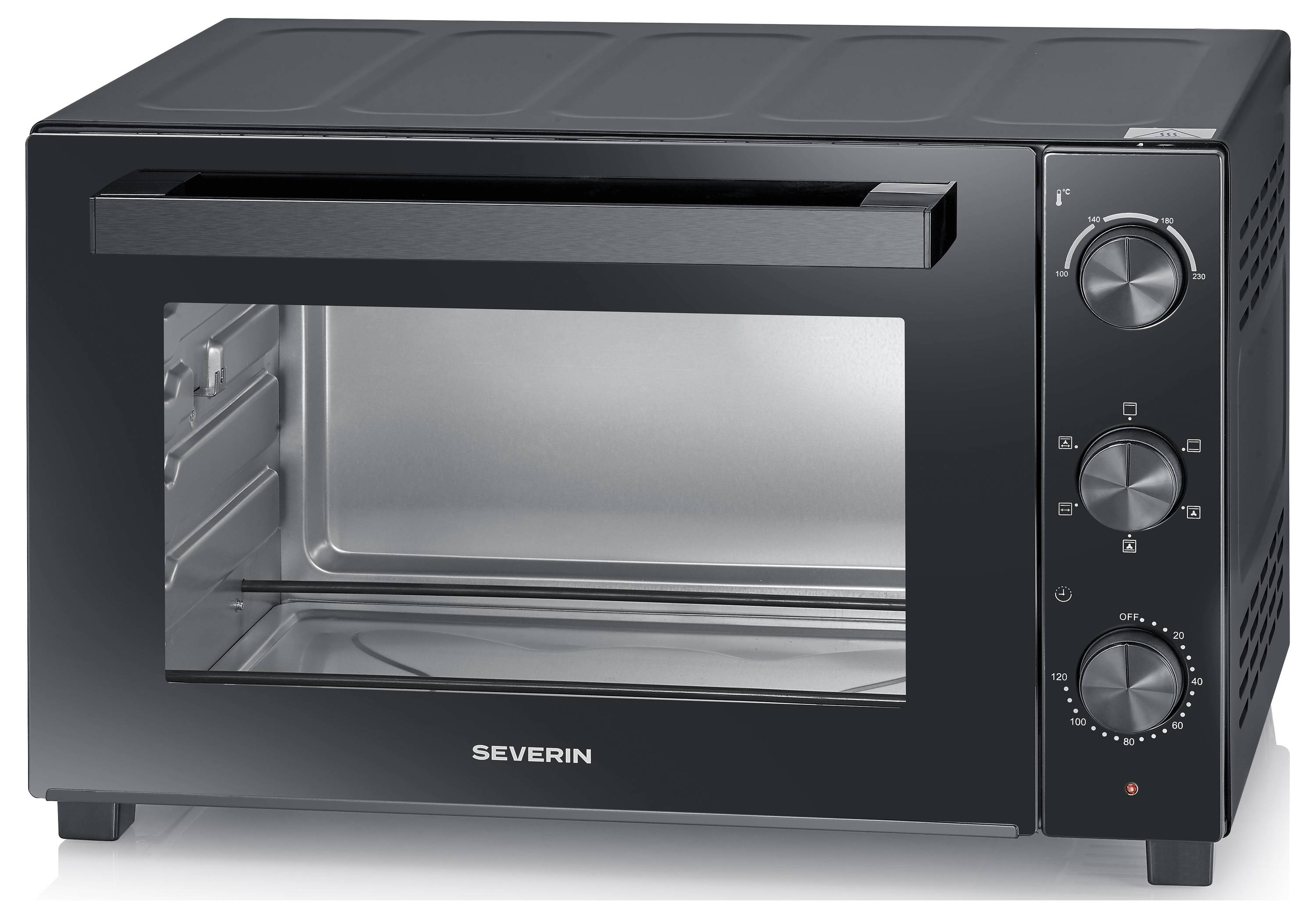 'Black countertop oven with a glass door, three control knobs on the right for temperature, functions, and timer, and a metal interior.'