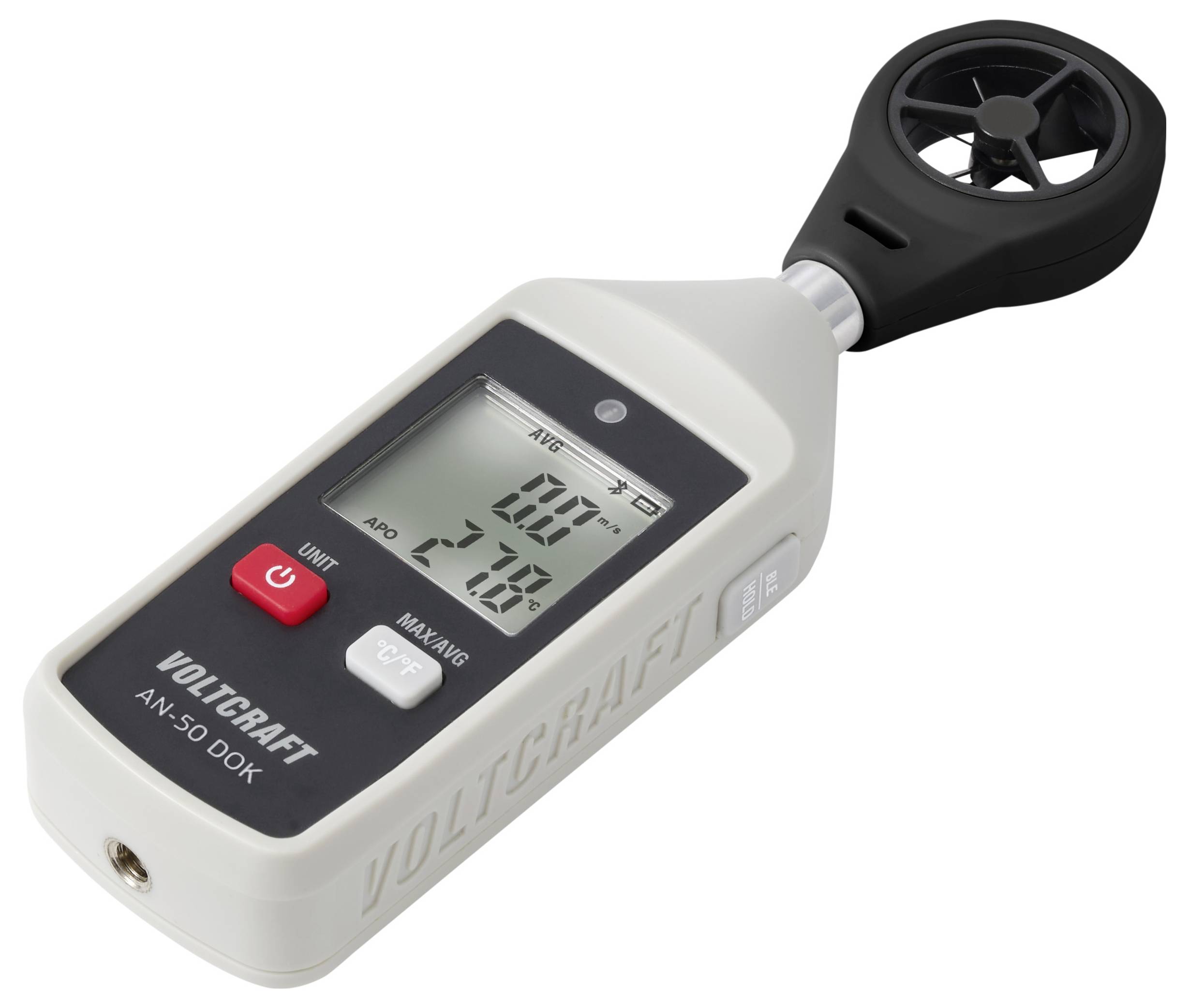 Digital handheld anemometer showing wind speed in m/s, with a fan sensor and LCD display.