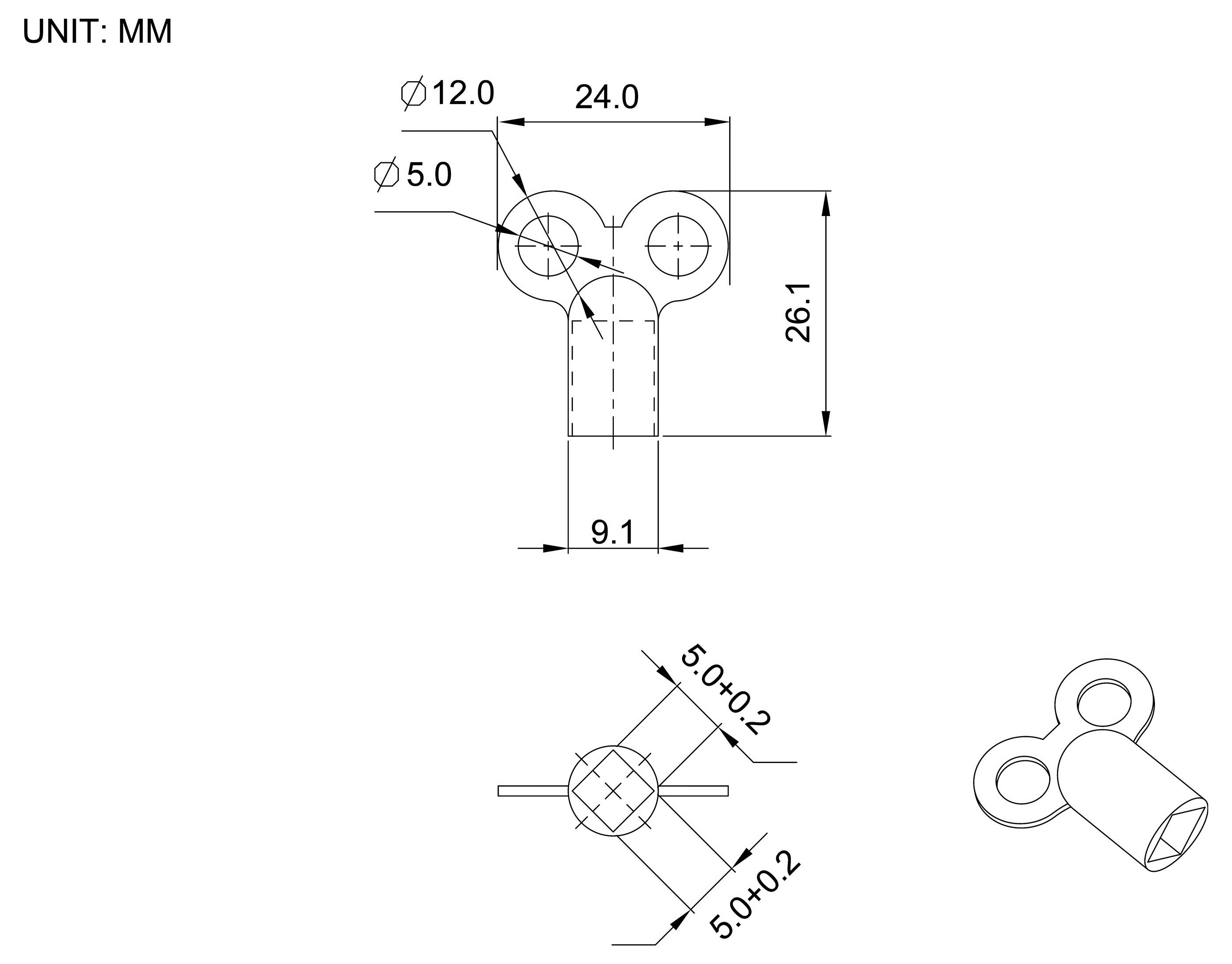 Technical drawing of a small metal eyelet/bracket with two 5 mm holes and a cylindrical shaft; dimensions shown in mm.
